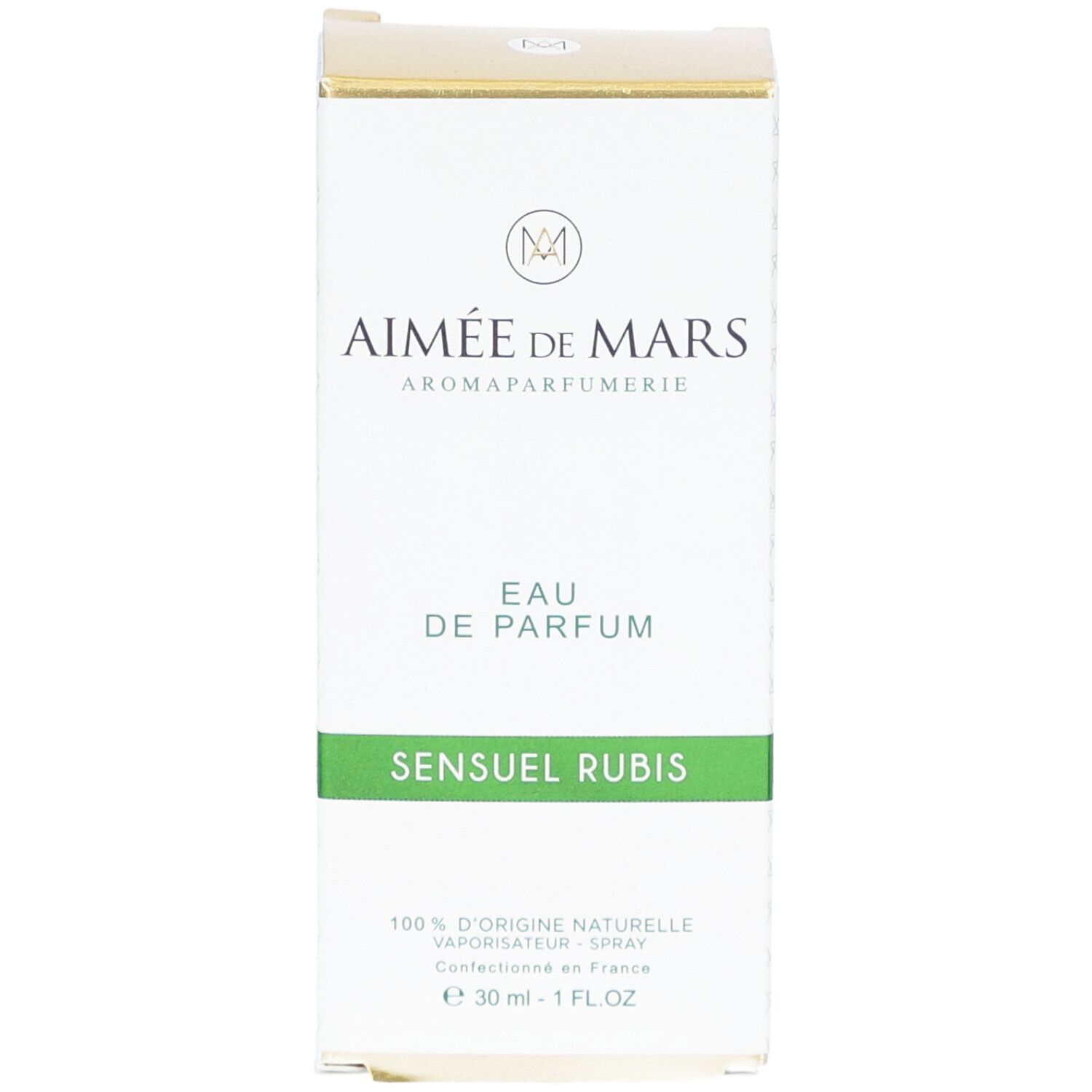 Verpackung von Eau de Parfum. Weiß mit grünen und goldenen Akzenten. Text: Sensuel Rubis, Eau de Parfum. Aimée de Mars.