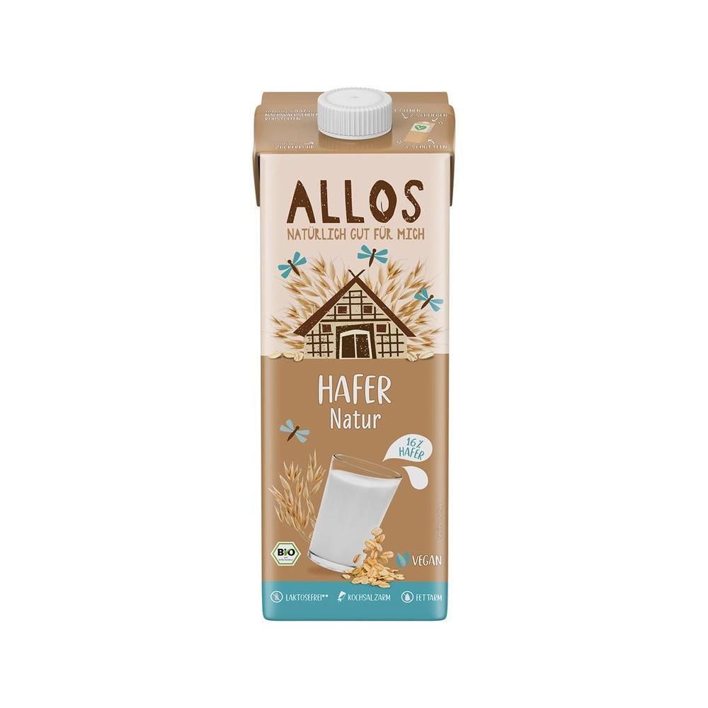 Allos Bio-Hafergetränk Natur in 1-Liter-Packung mit Abbildung eines Hauses und Haferähren.