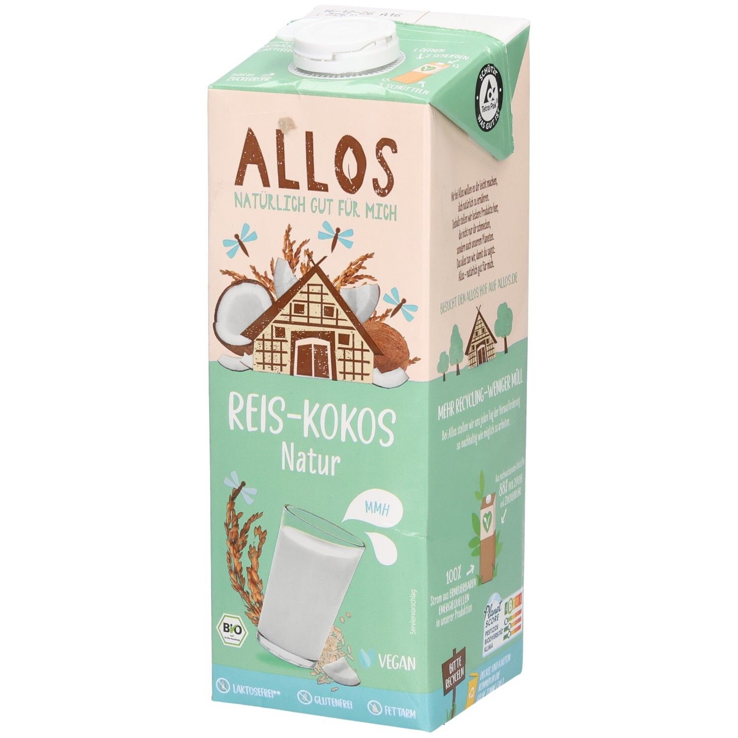 Brique de Allos Reis-Kokos Drink. Inscriptions : logo, nom du produit, label bio, label vegan. Illustrations de noix de coco et de riz.