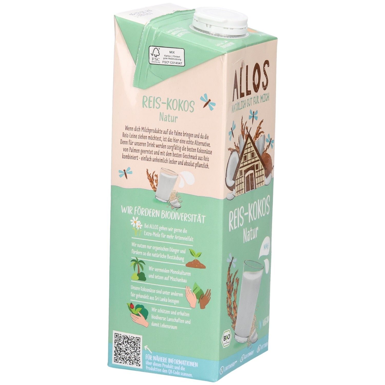 Brique de Allos Reis-Kokos Drink. Texte : informations sur la biodiversité. Illustrations de plantes et de mains. Code QR.