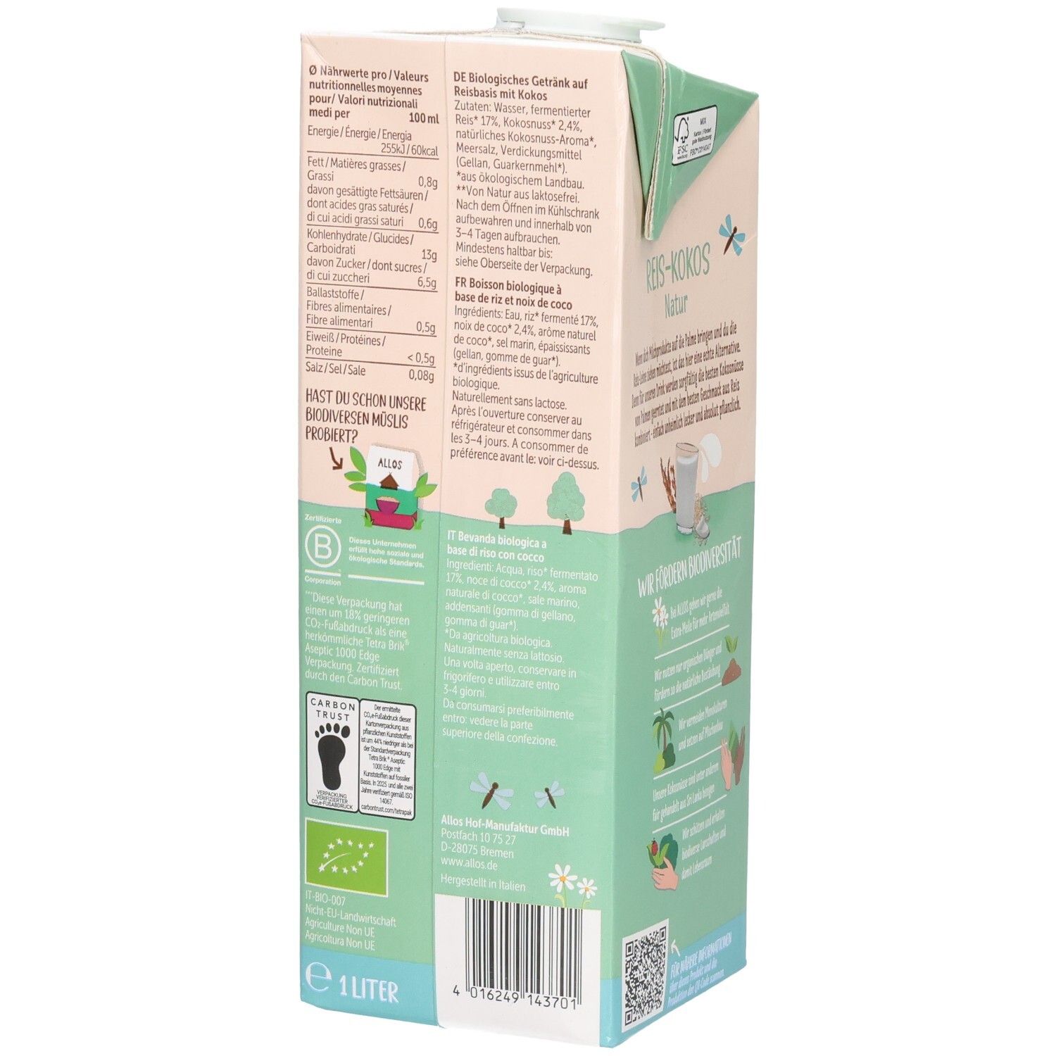 Dos de la brique de Allos Reis-Kokos Drink. Tableau nutritionnel, liste des ingrédients, label bio, label vegan, symbole empreinte de pied, 1 litre.