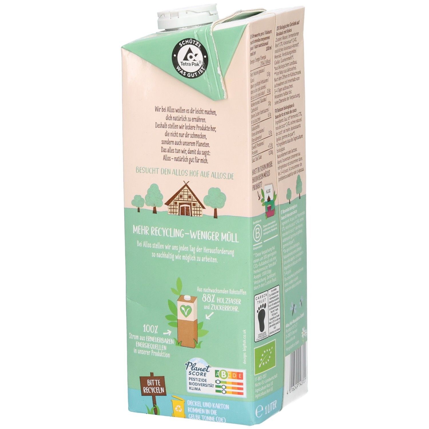 Brique de Allos Reis-Kokos Drink. Texte : informations sur le recyclage. Logo, label bio, symbole empreinte de pied, Planet Score.