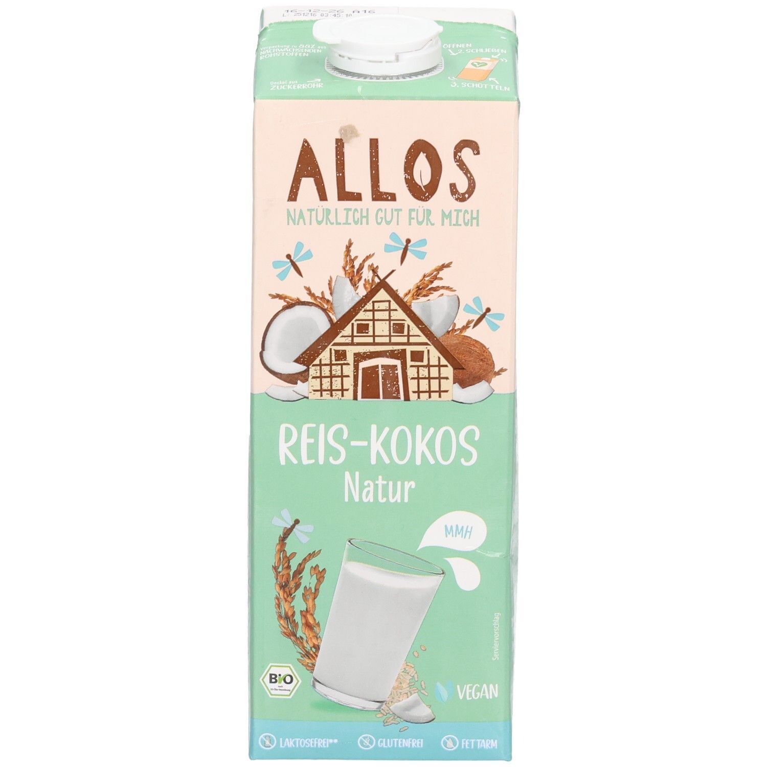 Brique de Allos Reis-Kokos Drink. Inscriptions : logo, nom du produit, label bio, label vegan. Illustrations de noix de coco et de riz.