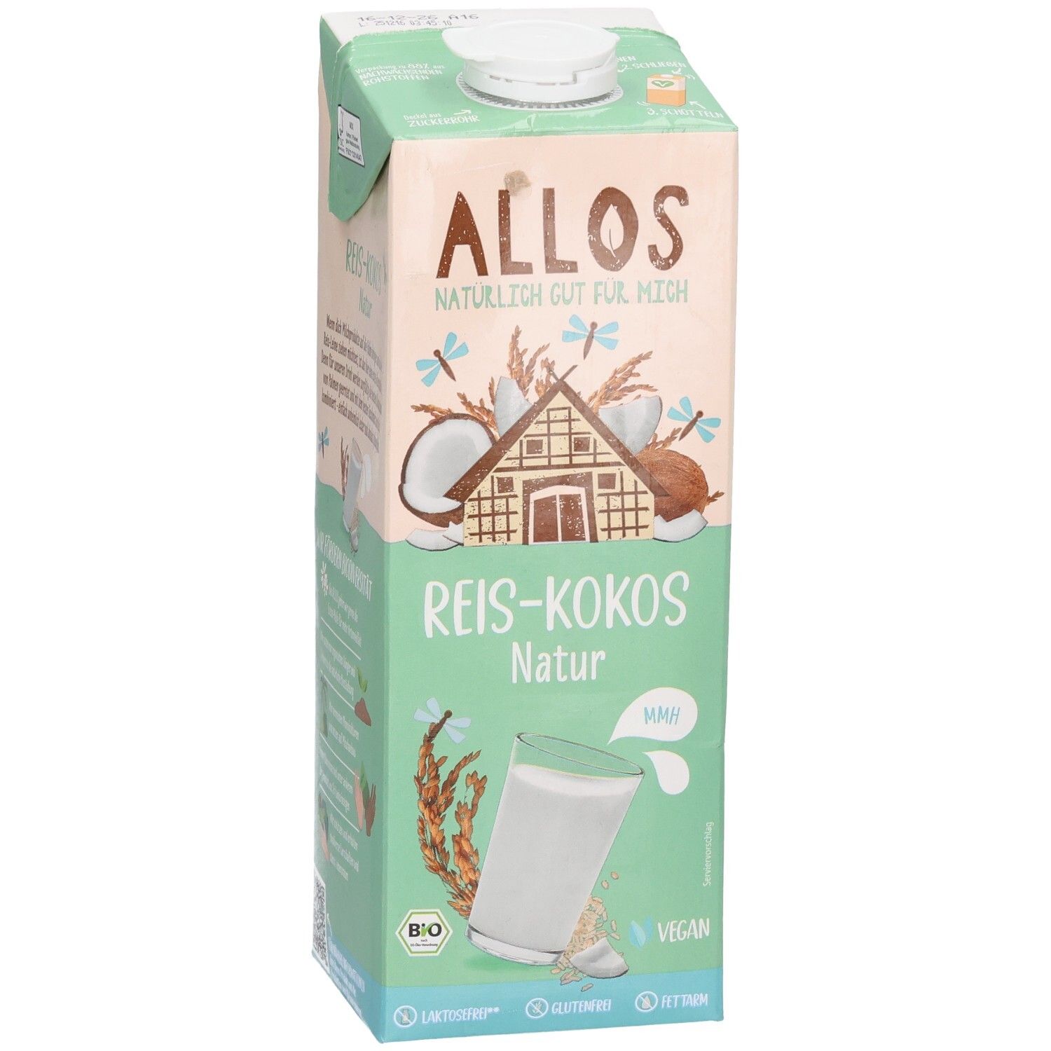 Brique de Allos Reis-Kokos Drink. Inscriptions : logo, nom du produit, label bio, label vegan. Illustrations de noix de coco et de riz.
