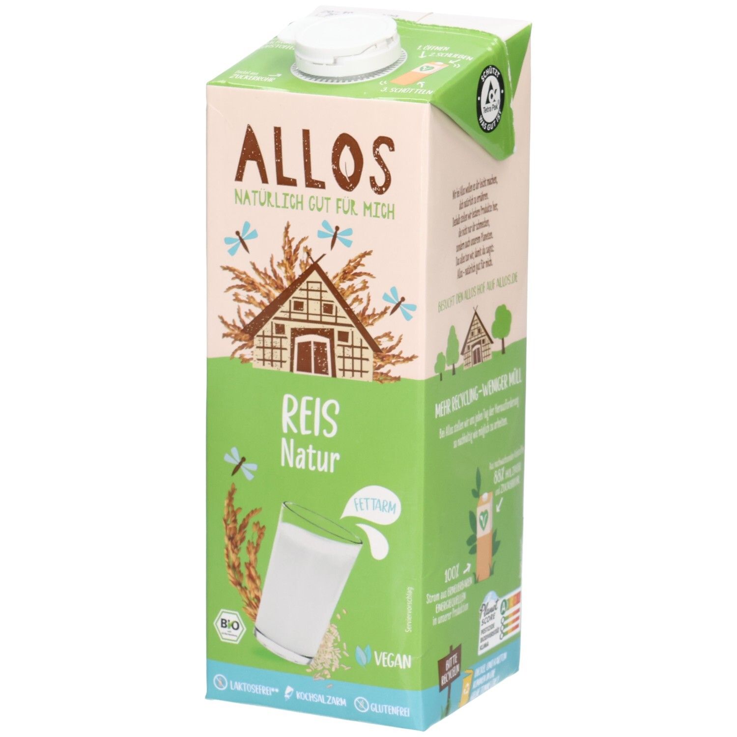 Tetrapack ALLOS Reis Drink, grün-beige. Aufdruck: ALLOS, Reis Natur, Bio-Siegel, Vegan. Abbildung: Glas mit Reisdrink.