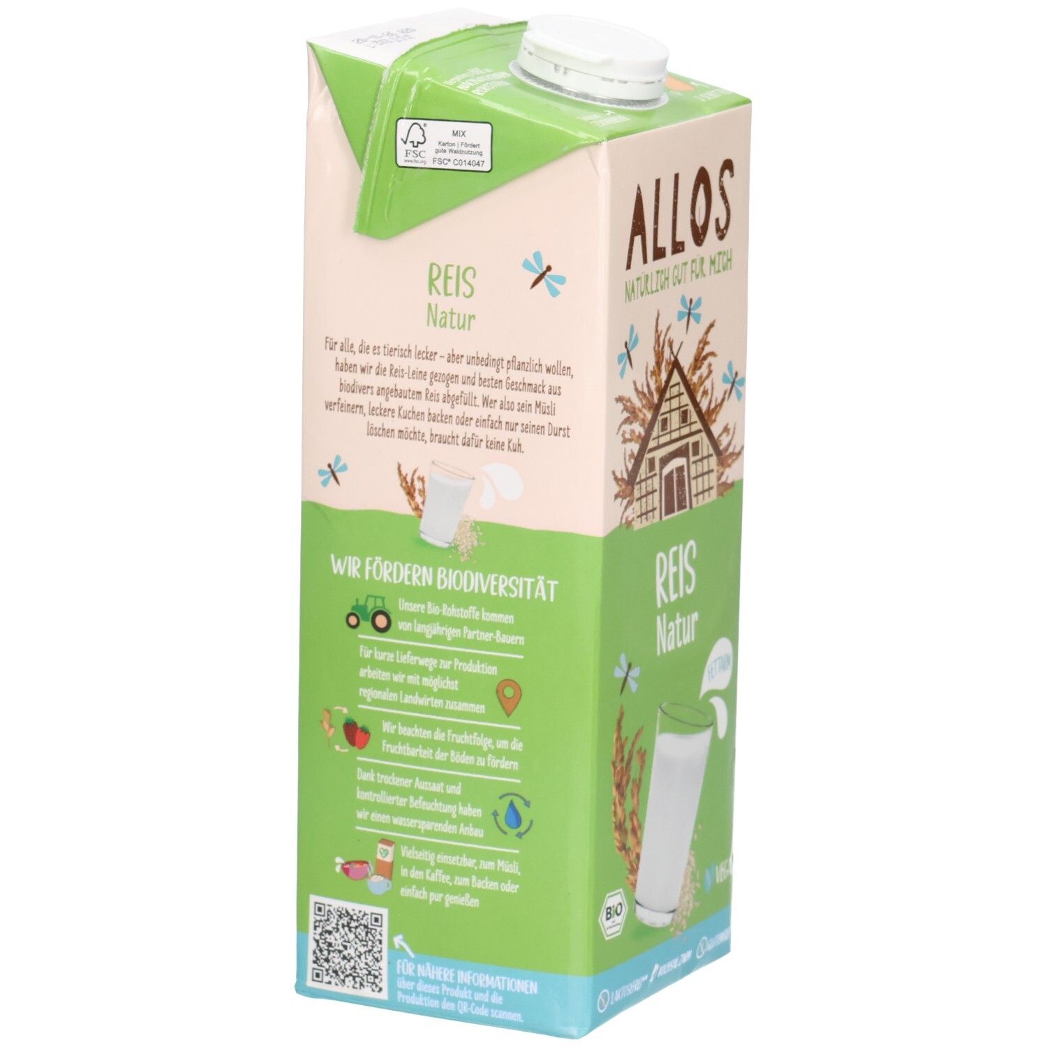 Tetrapack ALLOS Reis Drink, grün-beige. Aufdruck: Reis Natur, Bio-Siegel, Vegan. Text über Förderung der Biodiversität. Abbildung: Glas mit Reisdrink.