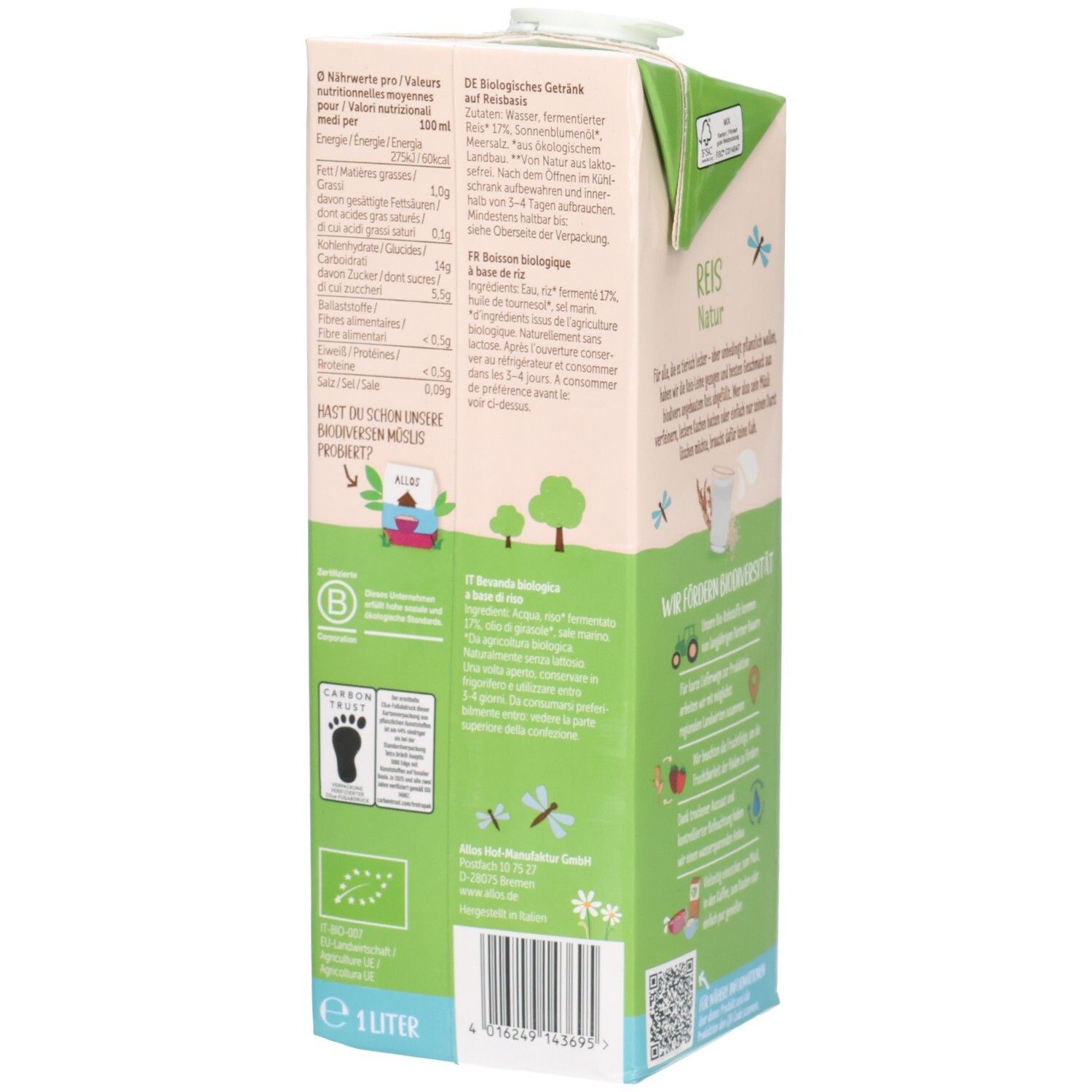 Tetrapack ALLOS Reis Drink, grün-beige. Rückseite mit Nährwertangaben, Bio-Siegel, Vegan-Logo. Barcode und QR-Code.