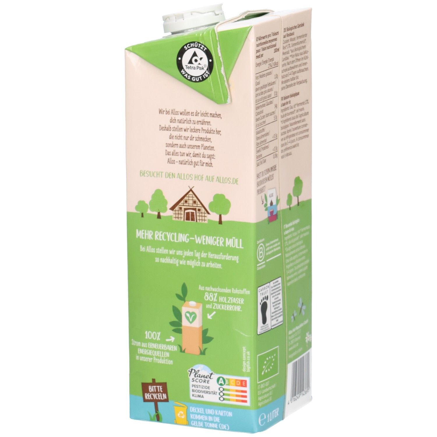 Tetrapack ALLOS Reis Drink, grün-beige. Aufdruck: Mehr Recycling - weniger Müll, Bio-Siegel, Vegan-Logo. Planet-Score-Bewertung.
