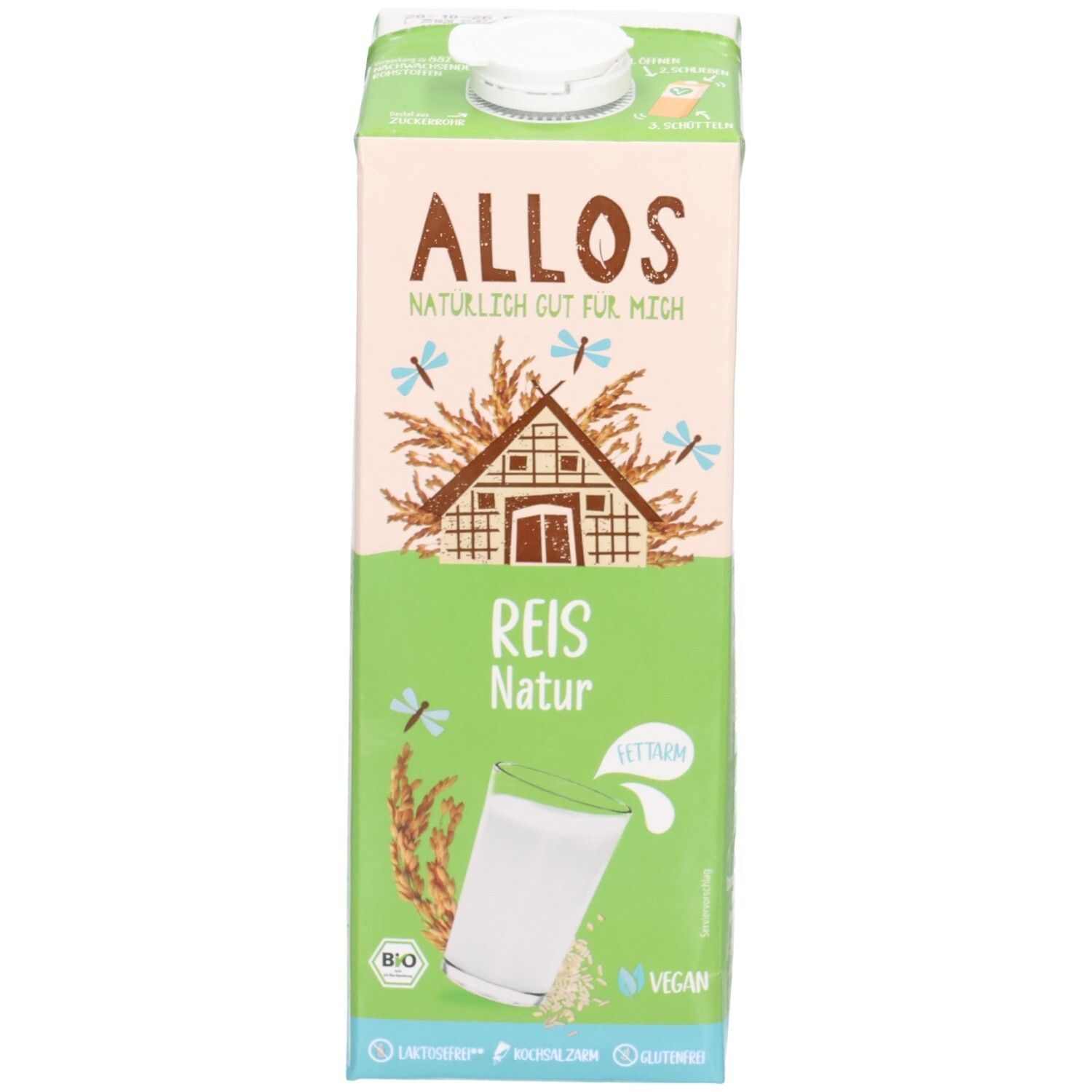 Tetrapack ALLOS Reis Drink, grün-beige. Aufdruck: ALLOS, Reis Natur, Bio-Siegel, Vegan. Abbildung: Glas mit Reisdrink.