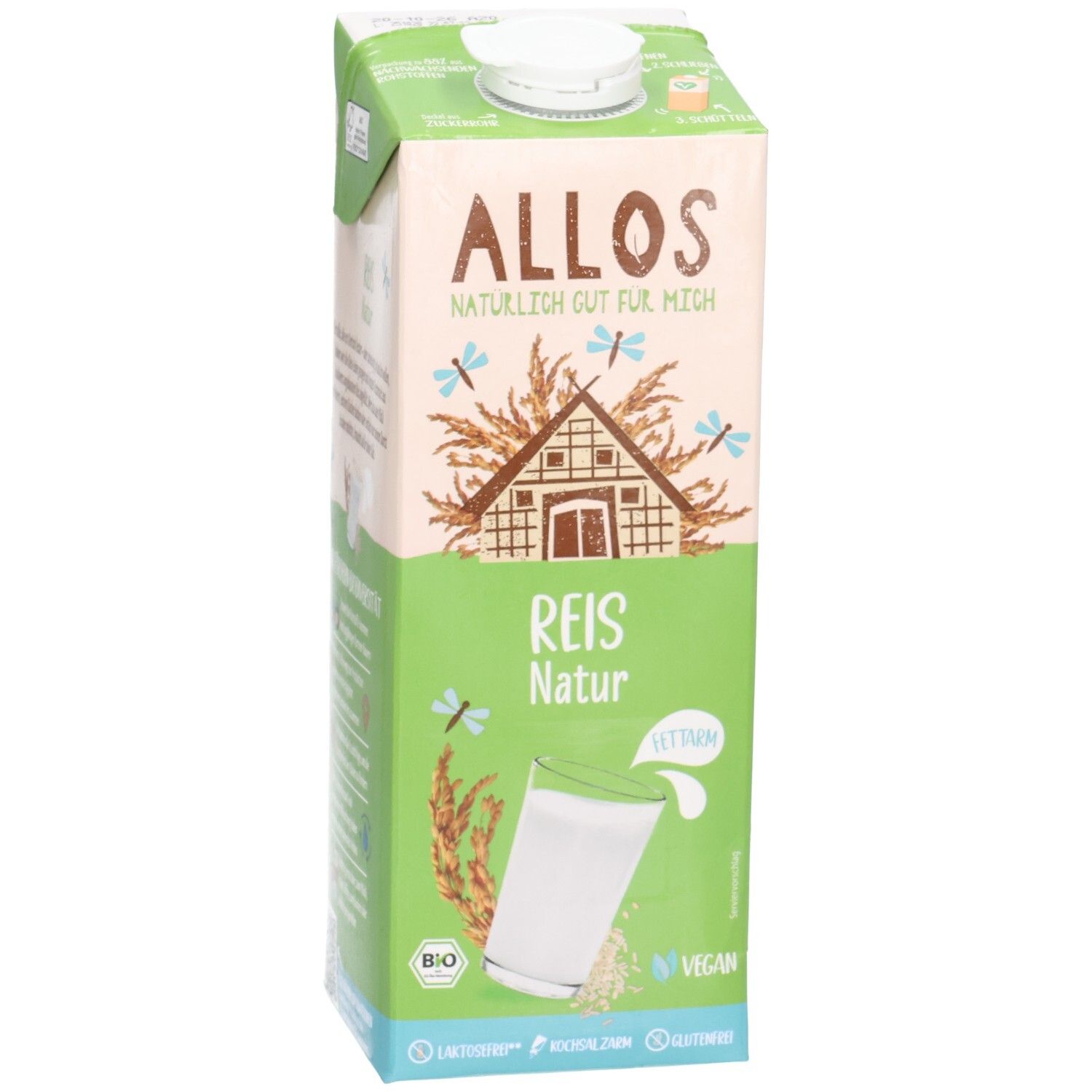Tetrapack ALLOS Reis Drink, grün-beige. Aufdruck: ALLOS, Reis Natur, Bio-Siegel, Vegan. Abbildung: Glas mit Reisdrink.