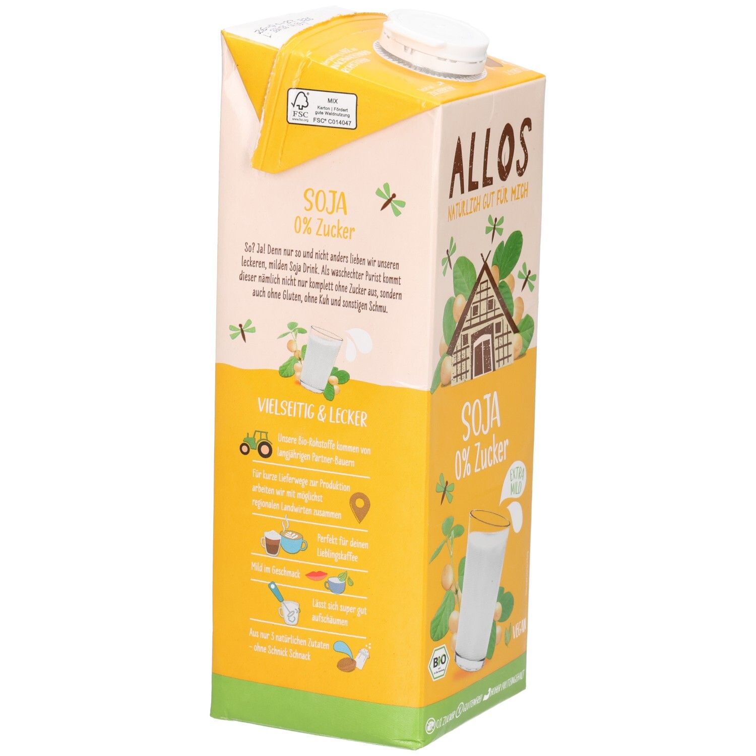 Tetrapack Allos Soja 0% Zucker. Aufdruck: Soja, Bio-Siegel, Vegan. Text und Illustrationen zur Herstellung und Inhaltsstoffen.
