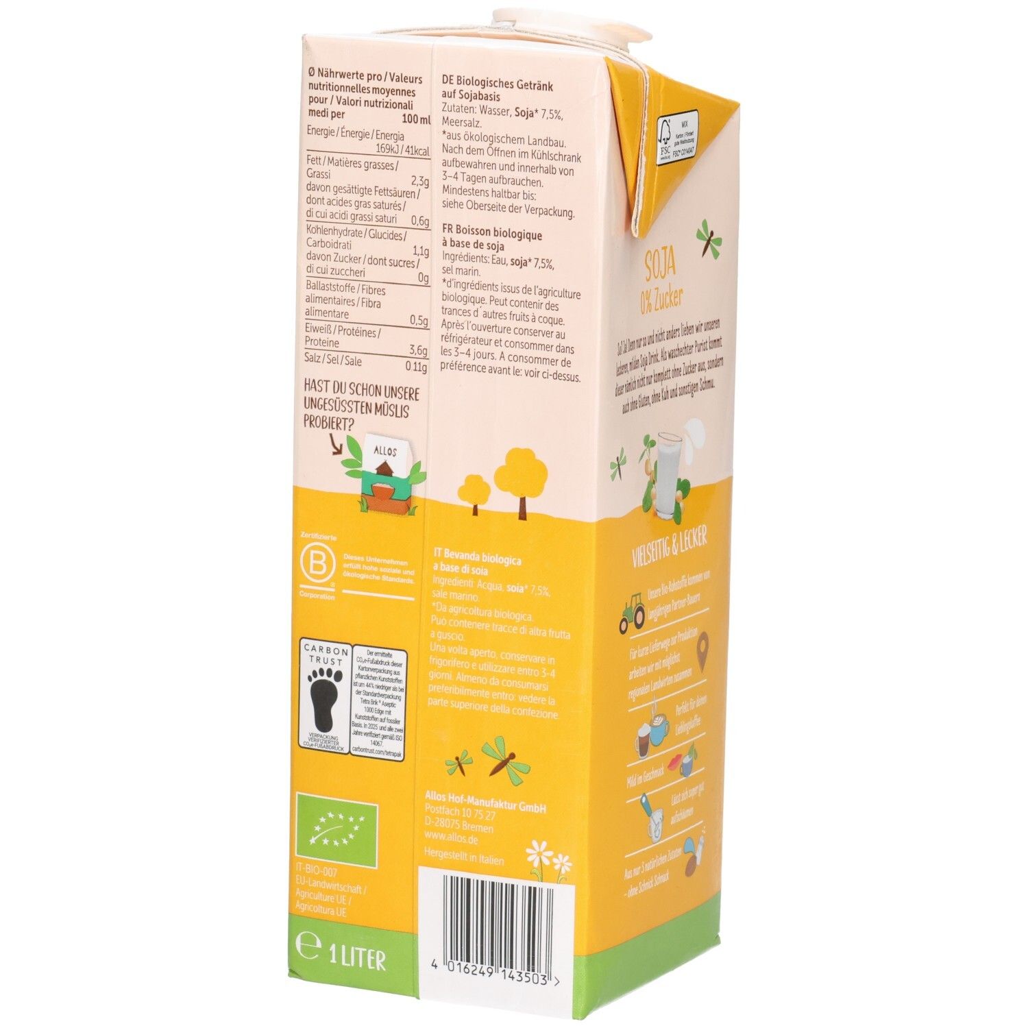 Tetrapack Allos Soja 0% Zucker. Aufdruck: Nährwertangaben, Bio-Siegel, Vegan. Text und Barcode.