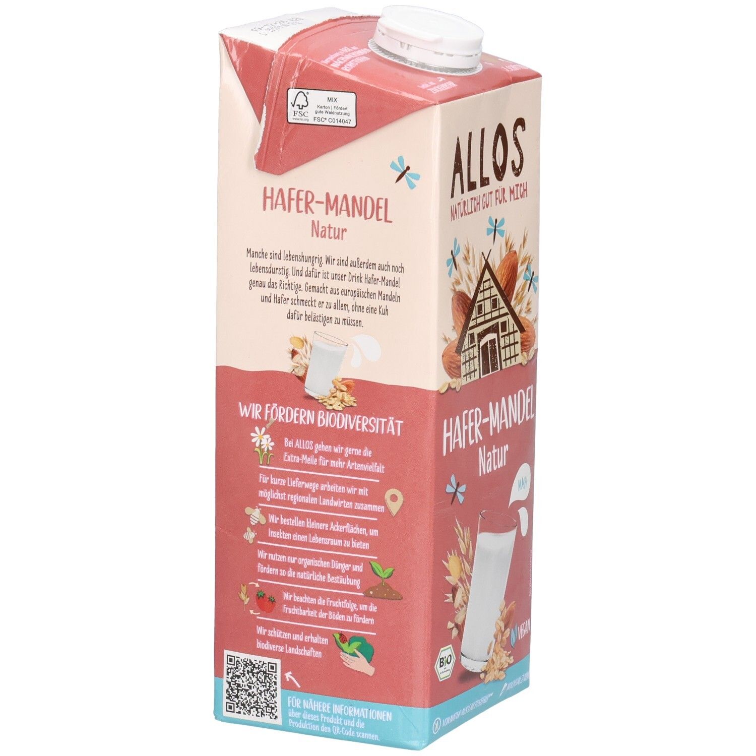 Tetrapack ALLOS Hafer-Mandel Drink. Text: Hafer-Mandel Natur. Illustrationen: Glas mit Getränk, Mandeln, Getreide. QR-Code.