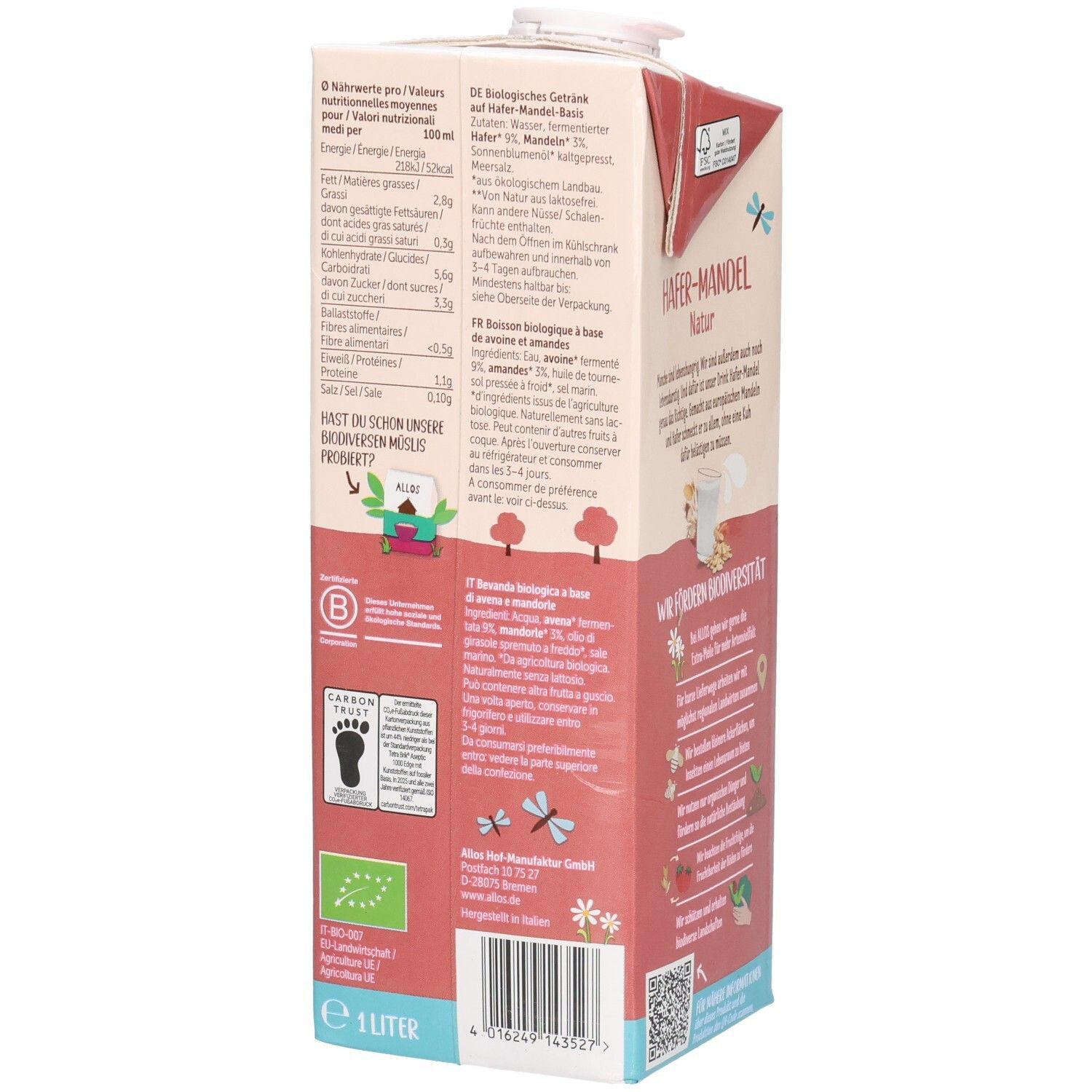 Rückseite Tetrapack ALLOS Hafer-Mandel Drink. Nährwertangaben, Zutatenliste. Bio-Siegel, Vegan-Logo. Text in Deutsch und Französisch.