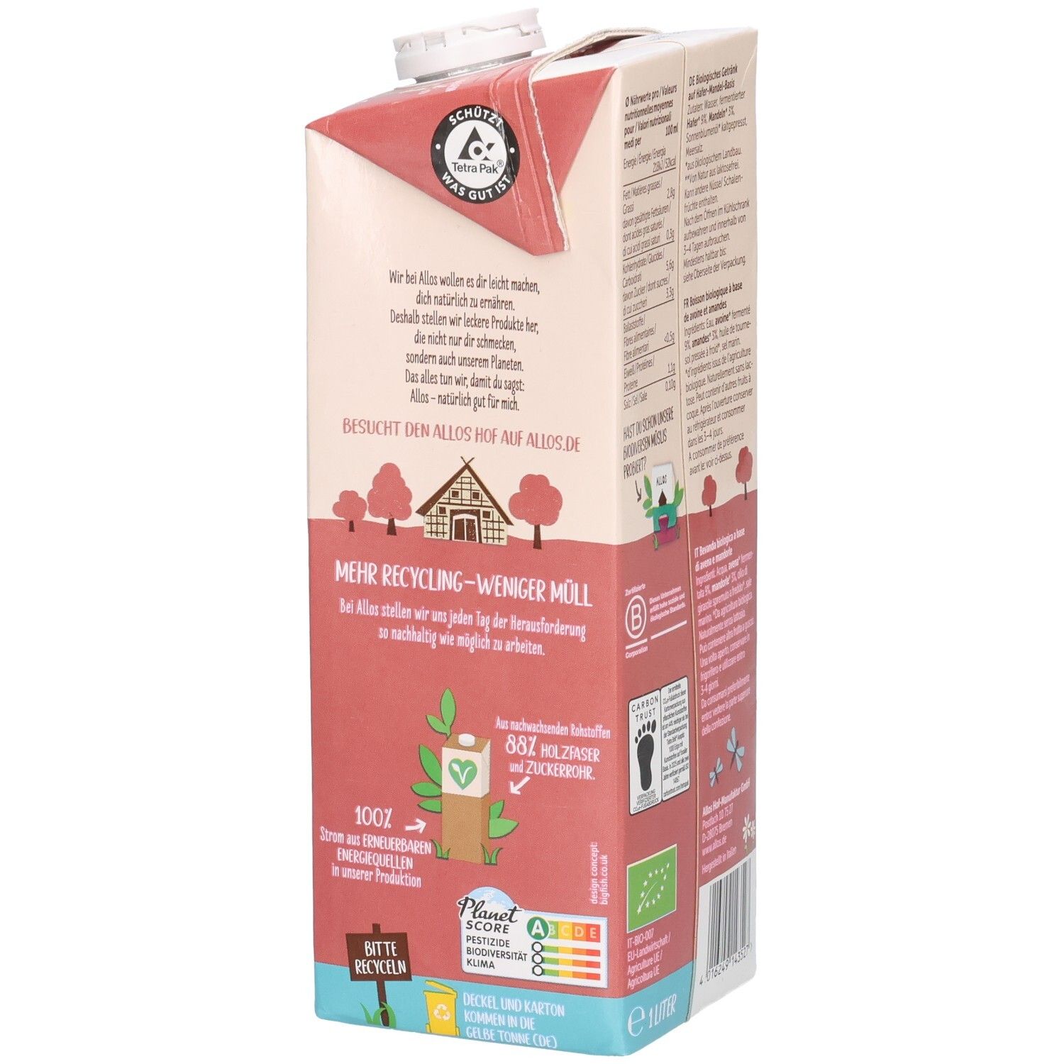 Tetrapack ALLOS Hafer-Mandel Drink. Text: Mehr Recycling - weniger Müll. Bio-Siegel, Planet-Score. Illustrationen: Bäume, Recycling-Symbol.