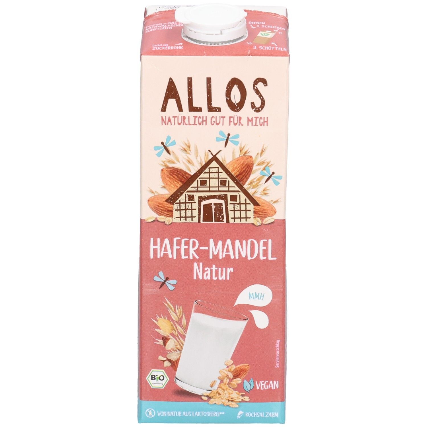 Tetrapack ALLOS Hafer-Mandel Drink. Aufschrift: Hafer-Mandel Natur, Bio, Vegan. Illustrationen von Mandeln, Haus, Insekten. Glas mit Getränk.