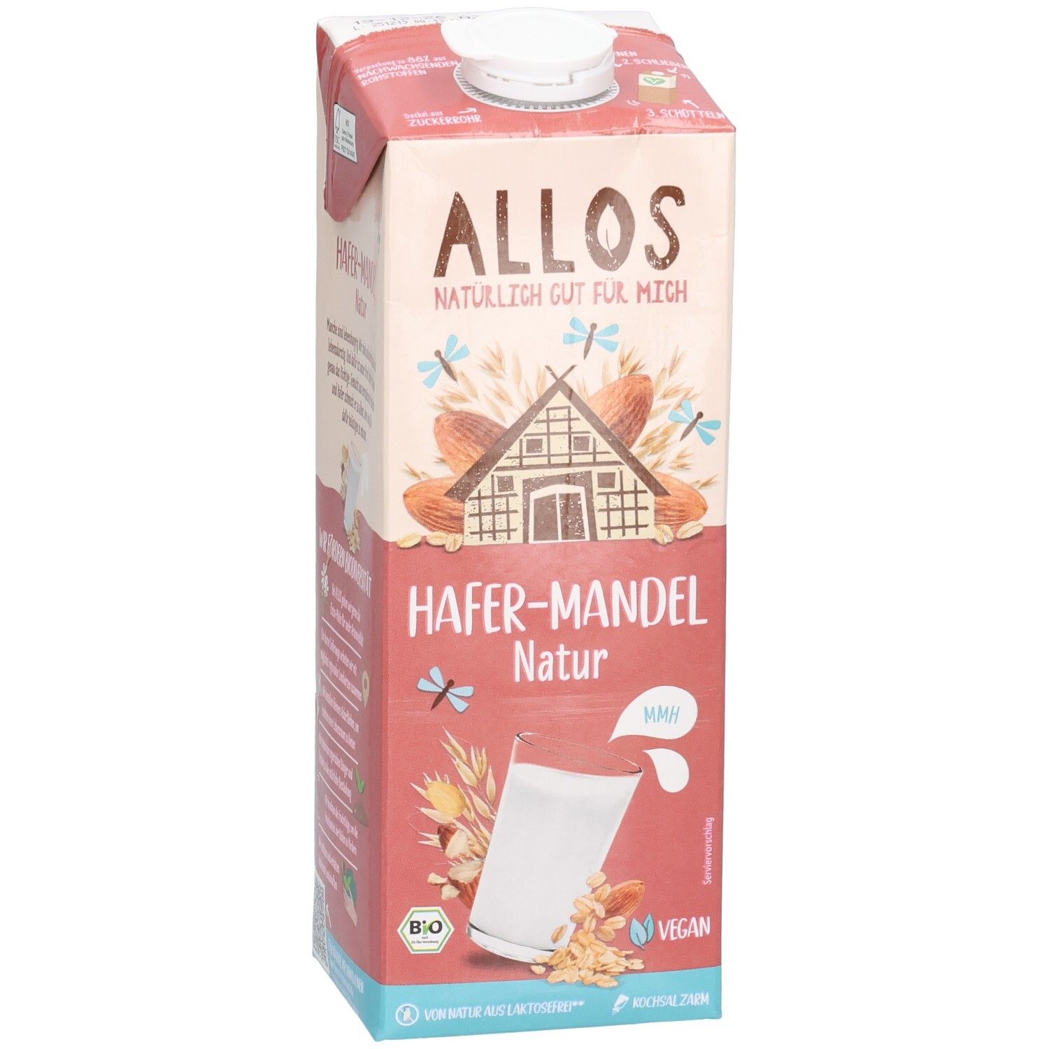 Tetrapack ALLOS Hafer-Mandel Drink. Aufschrift: Hafer-Mandel Natur, Bio, Vegan. Illustrationen von Mandeln, Haus, Insekten. Glas mit Getränk.