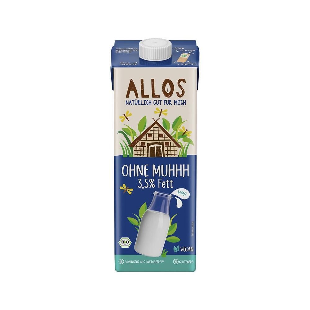 Tetrapack ALLOS ohne Muhhh Drink. Aufschrift: 3,5% Fett. Logo: Bio, Vegan, Glutenfrei. Abbildung: Milchflasche.