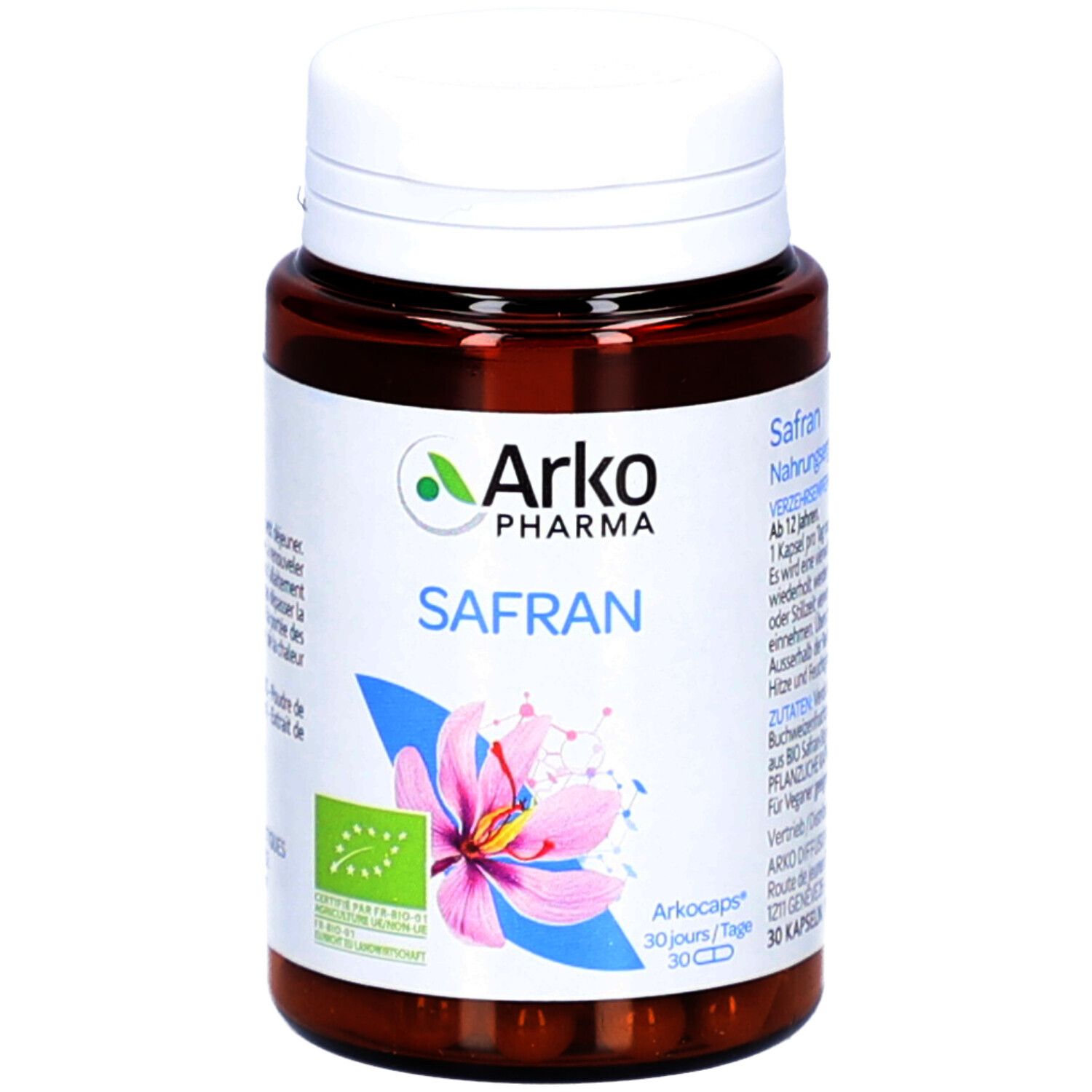 Braune Flasche mit weißem Deckel. Aufschrift: Arko Pharma, Safran. Bio-Siegel. 30 Kapseln.