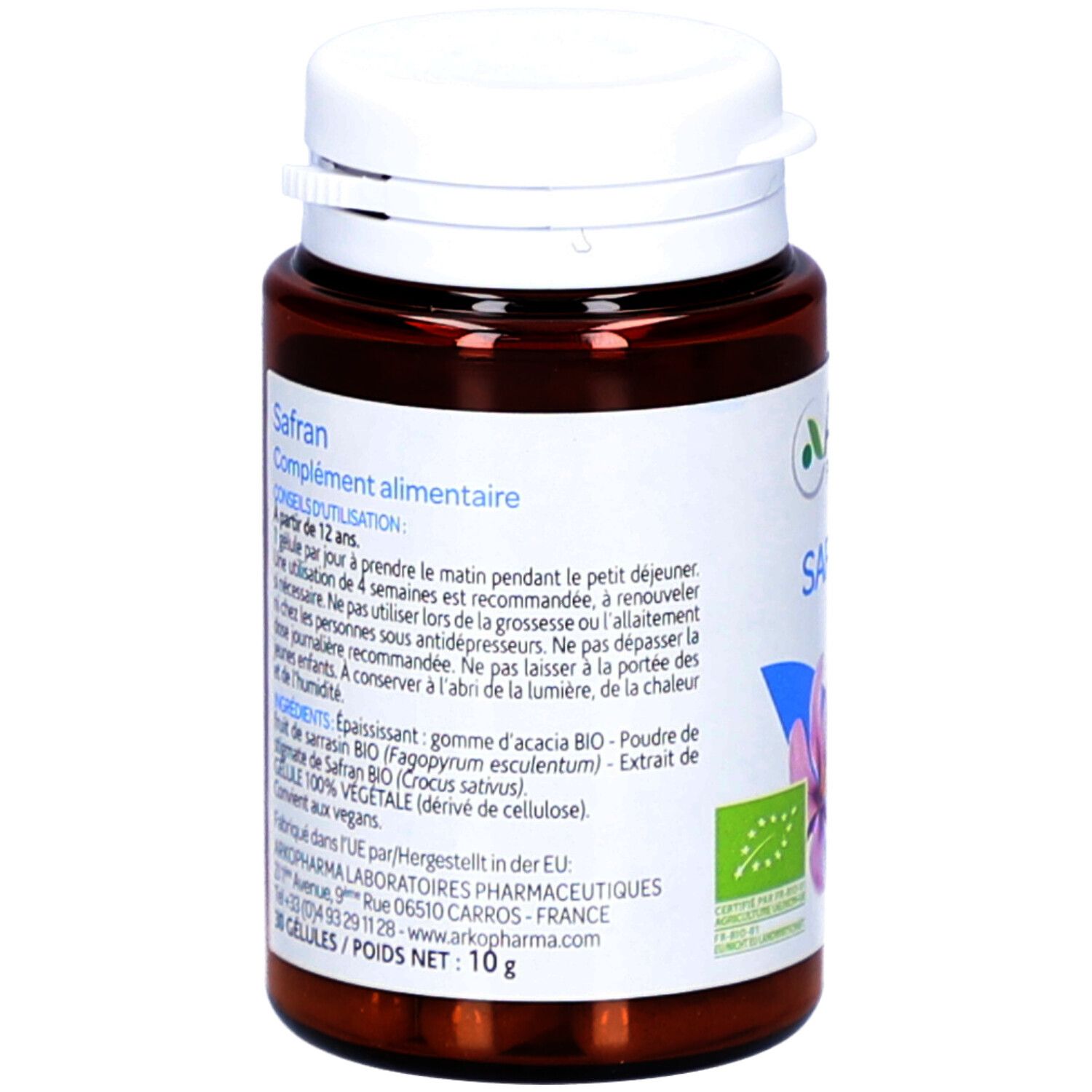 Rückseite der Flasche. Text: Safran, Nahrungsergänzungsmittel. Inhaltsstoffe, Anwendungshinweise, Herstellerinformationen.