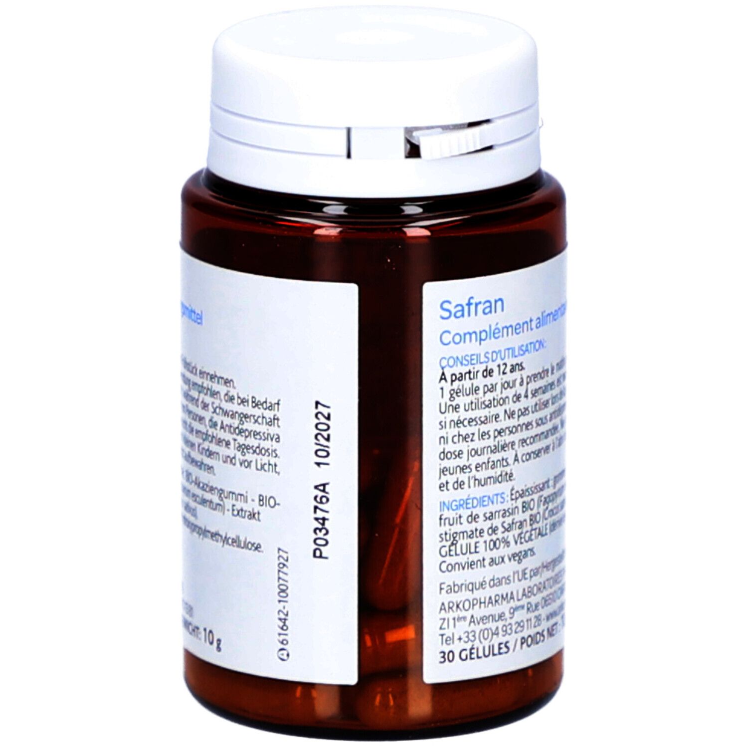 Rückseite der Flasche. Text: Safran, Nahrungsergänzungsmittel. Haltbarkeitsdatum. Inhaltsstoffe, Anwendungshinweise.