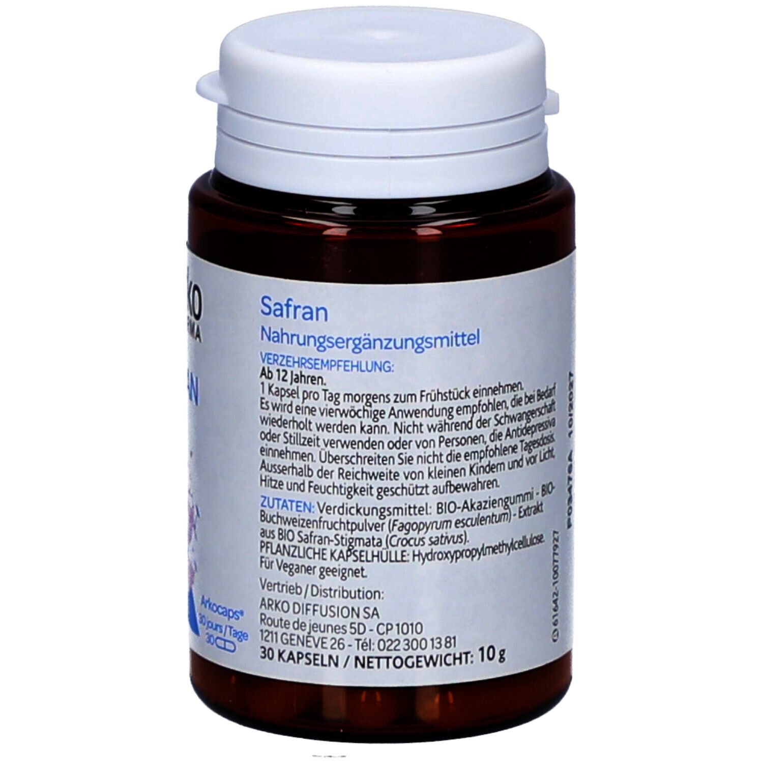 Rückseite der Flasche. Text: Safran, Nahrungsergänzungsmittel. Inhaltsstoffe, Anwendungshinweise, Herstellerinformationen.