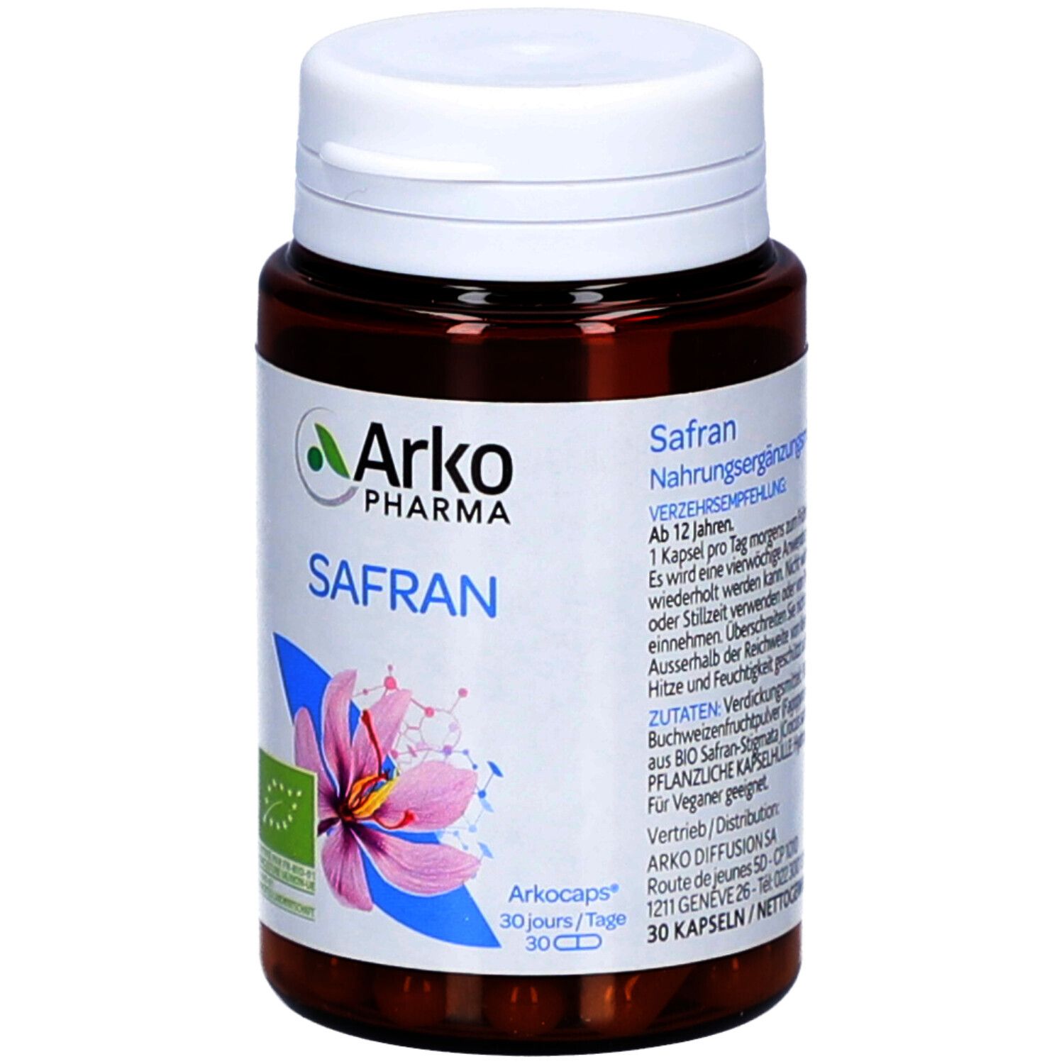 Braune Flasche mit weißem Deckel. Aufschrift: Arko Pharma, Safran. Bio-Siegel. 30 Kapseln.