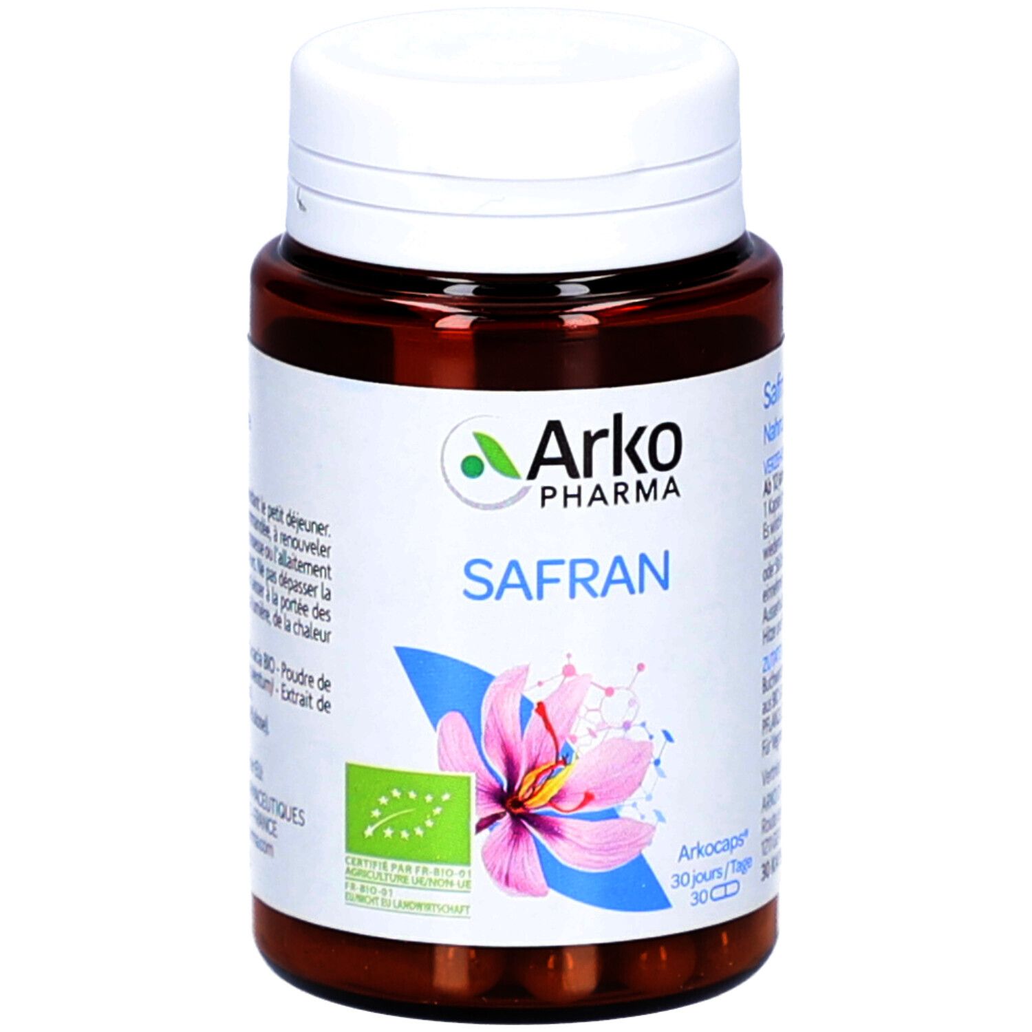 Braune Flasche mit weißem Deckel. Aufschrift: Arko Pharma, Safran. Bio-Siegel. 30 Kapseln.