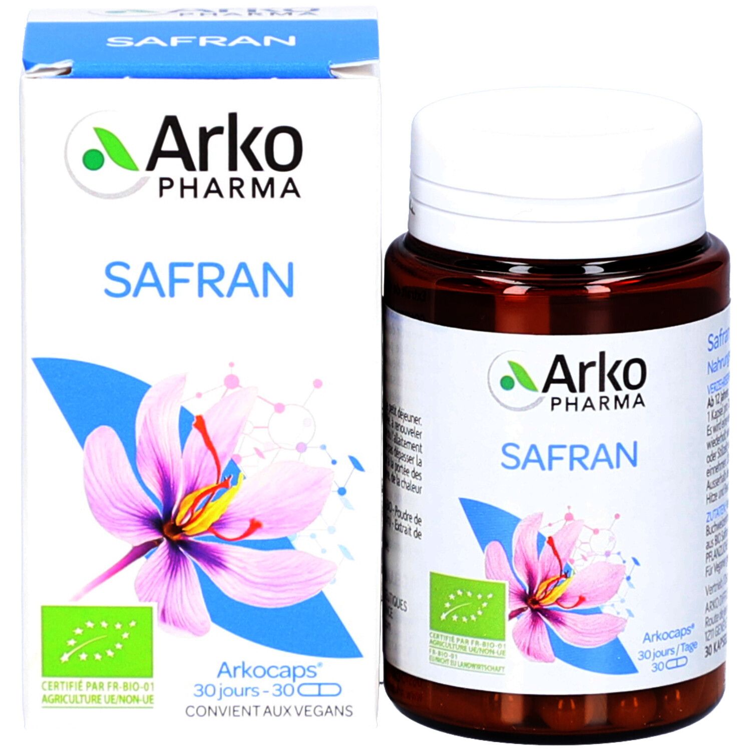 Produktverpackung mit Flasche und Schachtel. Aufschrift: Arko Pharma, Safran. Bio-Siegel. 30 Kapseln.