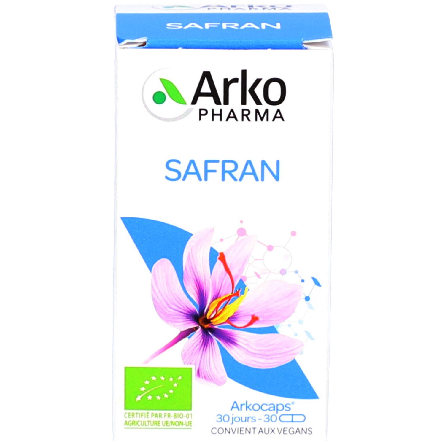 Weiße Schachtel mit Aufschrift: Arko Pharma, Safran. Bio-Siegel. 30 Kapseln. Konform mit Veganern.