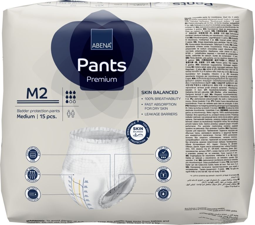 ABENA Pants Premium M2, Inkontinenzhose, Medium, 15 Stück. Hautfreundlich, atmungsaktiv, auslaufsicher.