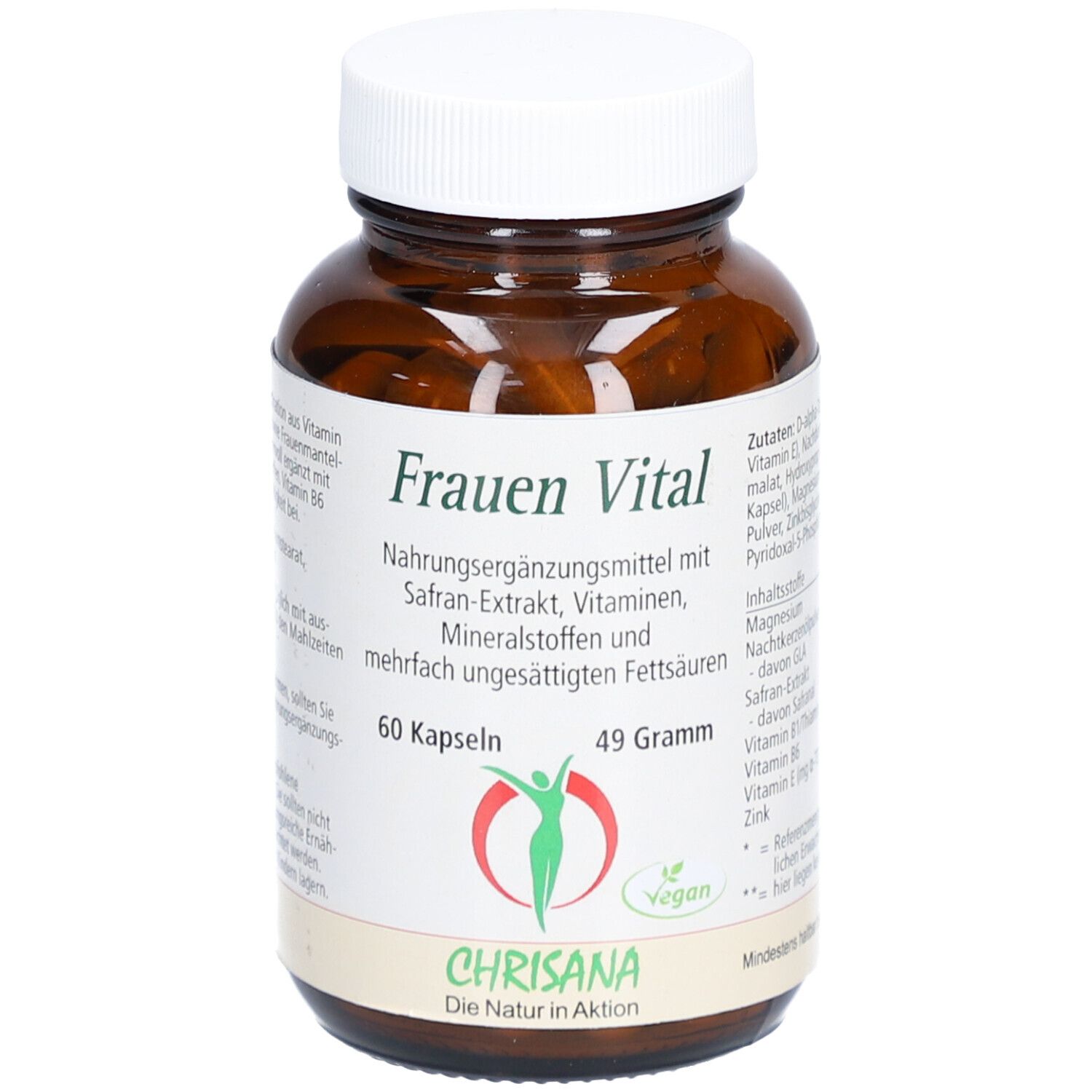Braune Glasflasche mit weißen Deckel. Etikett mit Aufschrift 'Frauen Vital', 60 Kapseln, 49 Gramm. Marke: Chrisana.