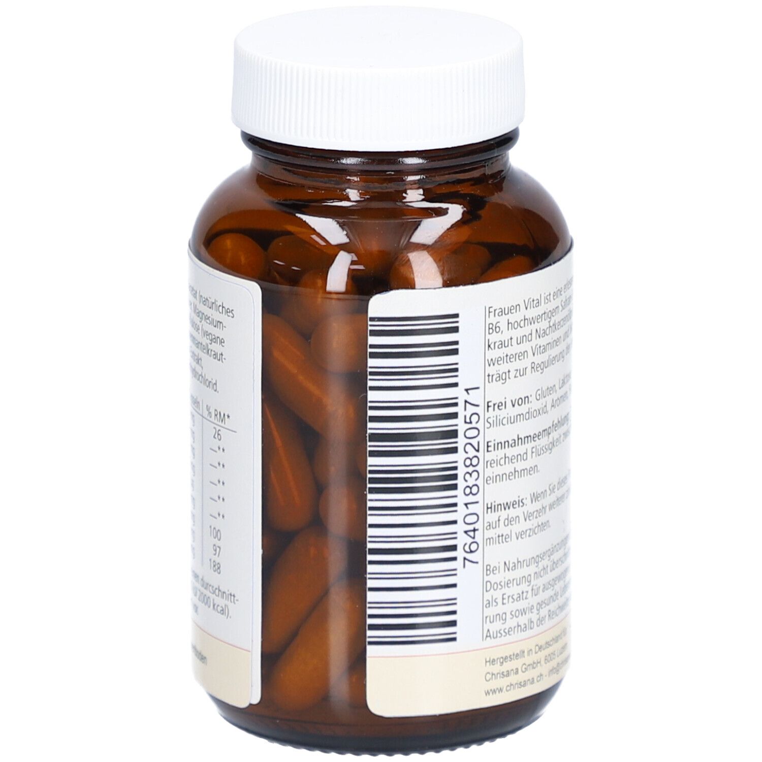 Braune Kapseln in einer braunen Glasflasche mit weißem Deckel. Barcode auf dem Etikett.