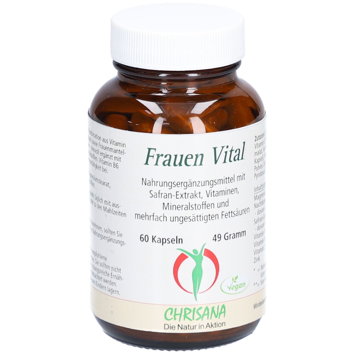 Braune Glasflasche mit weißem Deckel. Etikett mit Aufschrift 'Frauen Vital', 60 Kapseln, 49 Gramm. Marke: Chrisana.