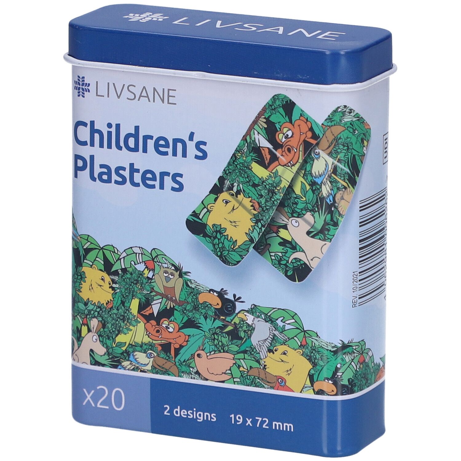 Metallbox mit Kinderpflastern. Enthält 20 Pflaster mit Dschungelmotiv. Größe 19 x 72 mm. Marke LIVSANE.