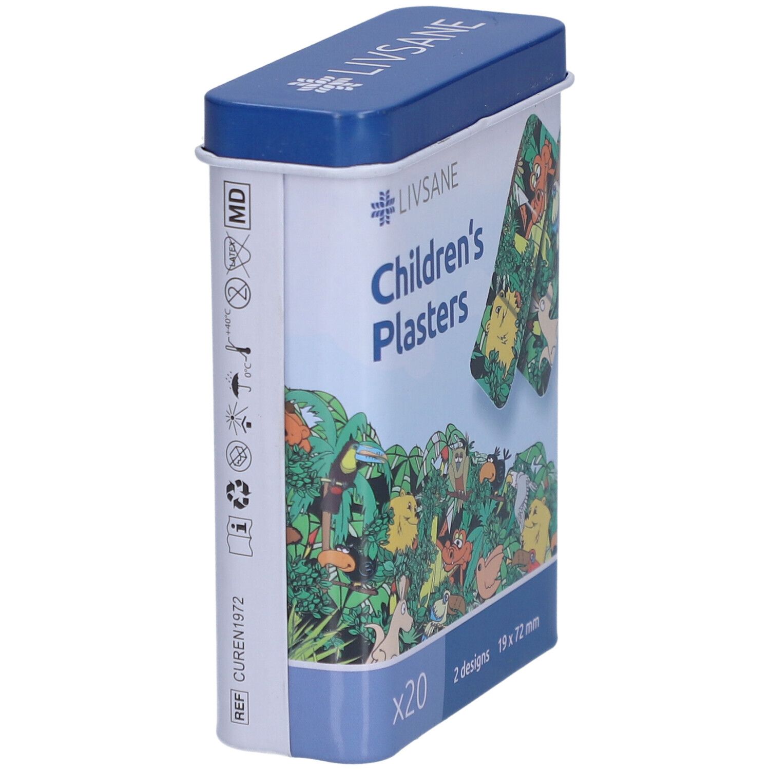 Metallbox mit Kinderpflastern. Seite mit Informationen und Logo. Marke LIVSANE. Größe 19 x 72 mm.