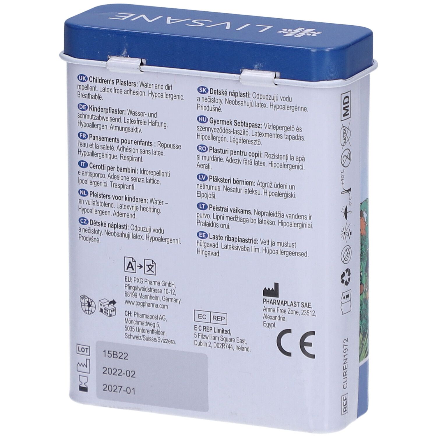 Rückseite der Metallbox mit Text in mehreren Sprachen. Marke LIVSANE. Größe 19 x 72 mm.