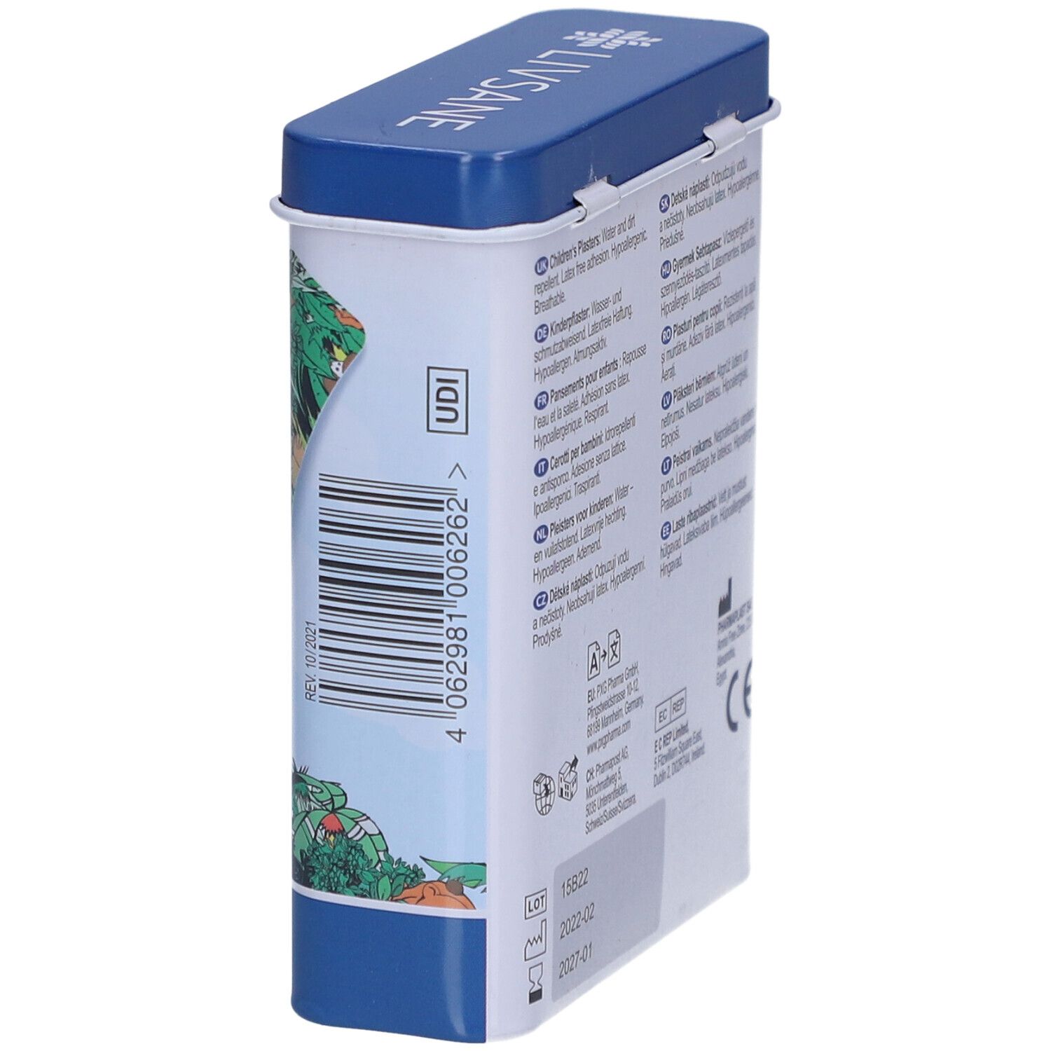 Seite der Metallbox mit Barcode und Informationen. Marke LIVSANE. Größe 19 x 72 mm.