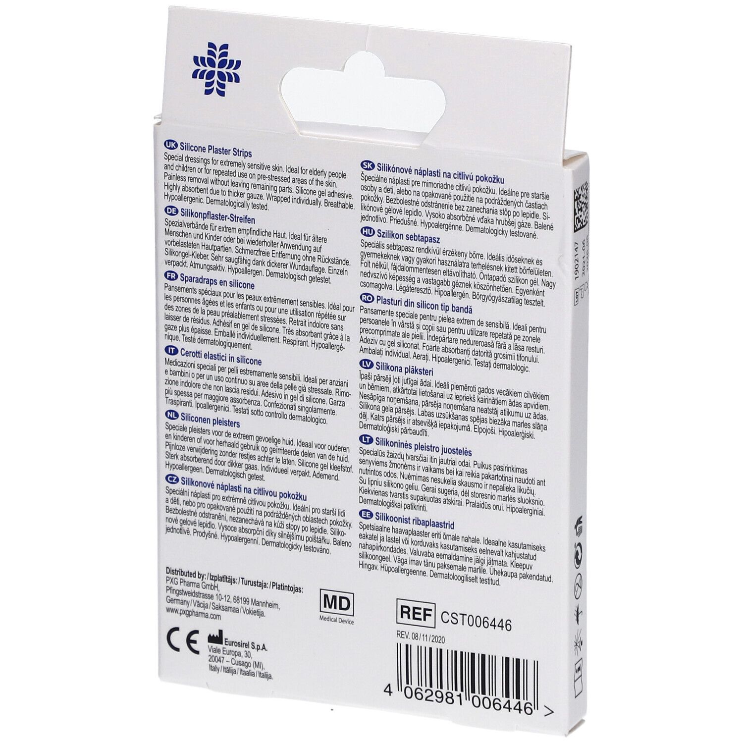 Rückseite der Verpackung mit Texten in verschiedenen Sprachen. Enthält Informationen zu LIVSANE Silikonpflaster-Streifen.