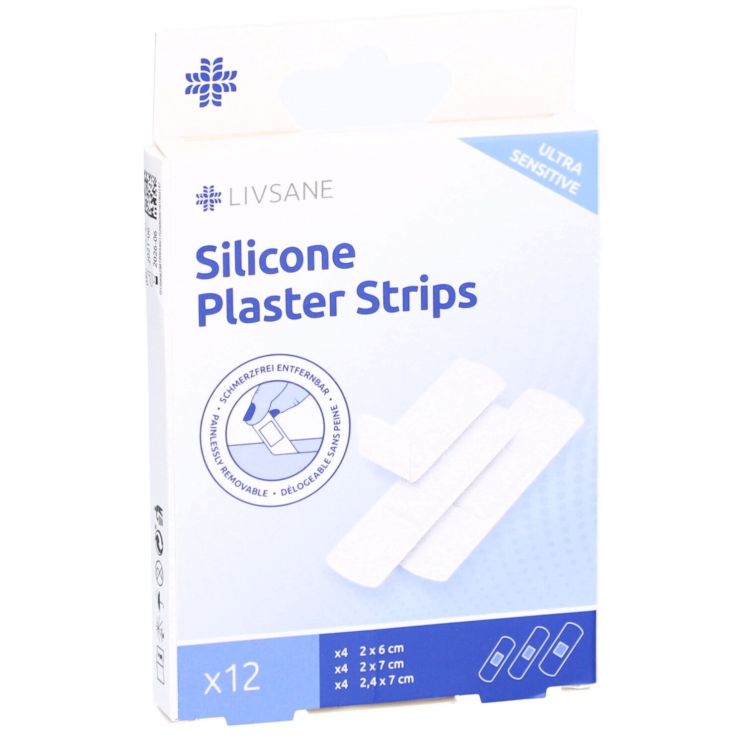 Verpackung mit LIVSANE Silikonpflaster-Streifen. Enthält 12 Pflaster in 3 Größen. Aufschrift: Ultra Sensitive.