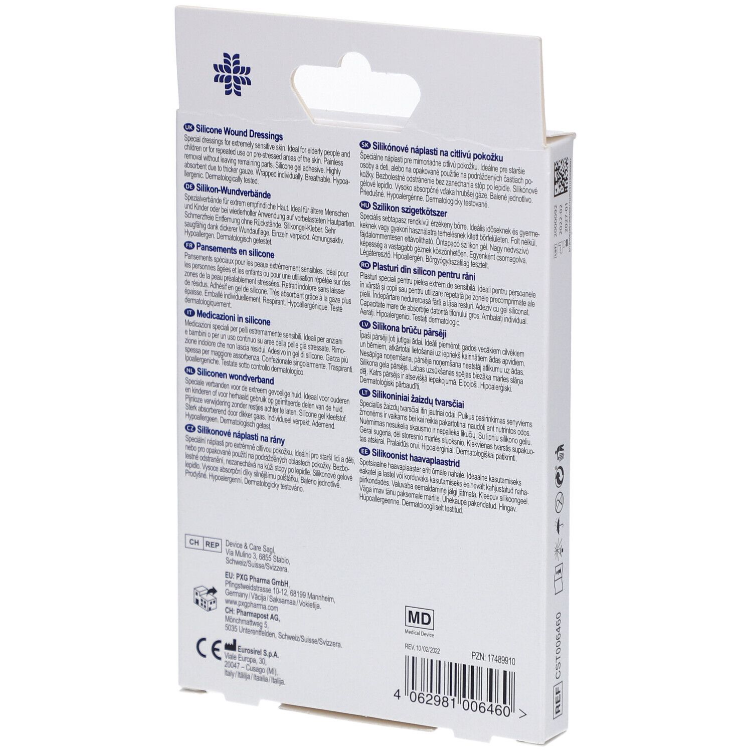 Rückseite der Verpackung mit Text in mehreren Sprachen. Informationen zu den Silikon Wundverbänden.