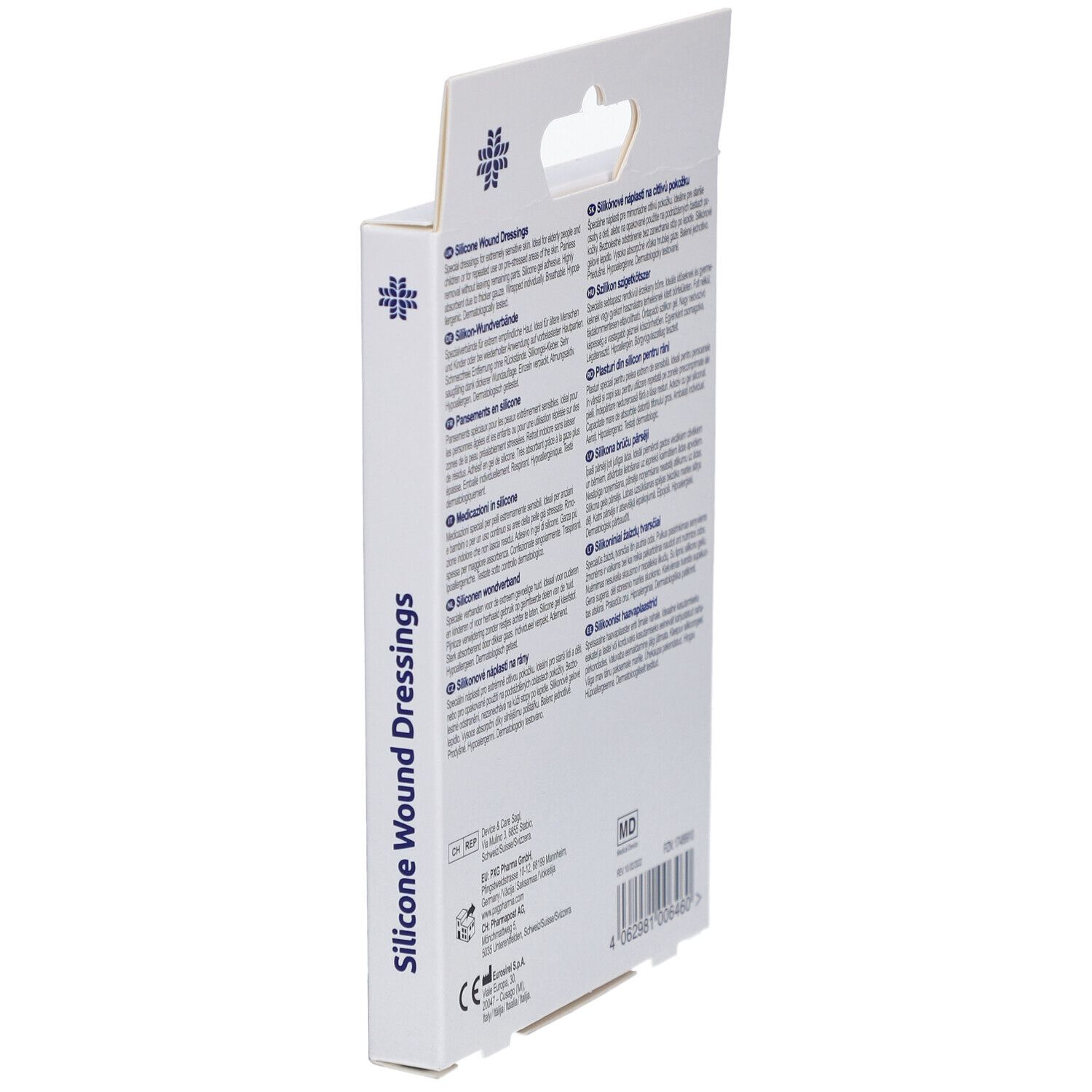 Seitenansicht der Verpackung mit Text in mehreren Sprachen. Informationen zu den Silikon Wundverbänden.