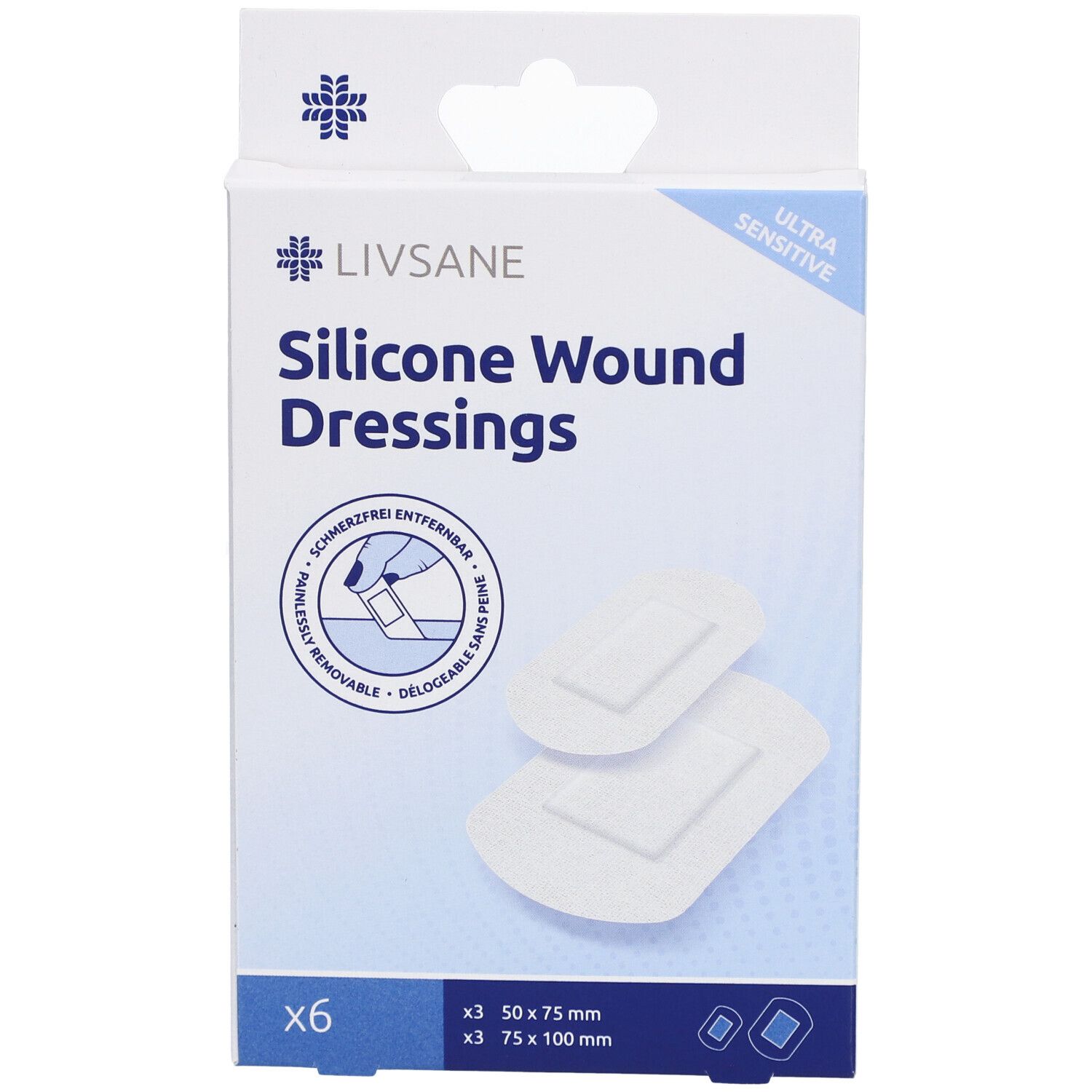 Verpackung mit LIVSANE Silikon Wundverbänden. 6 Stück, zwei Größen. Ultra sensitive. Abbildung der Pflaster.