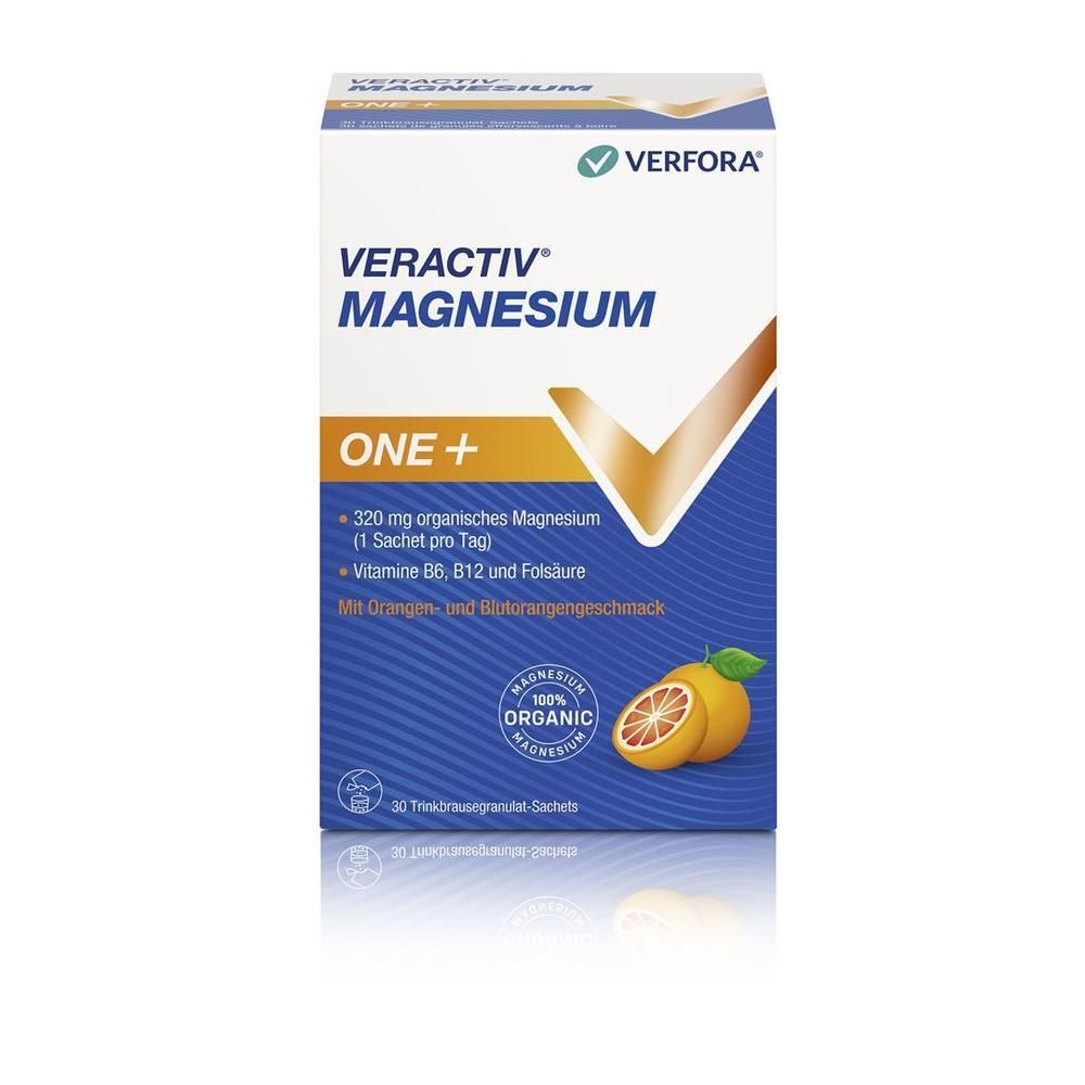 Verfora Veractiv Magnesium One+ Packung. Enthält 30 Brausetabletten. Mit Blutorangengeschmack. 100% organisch.