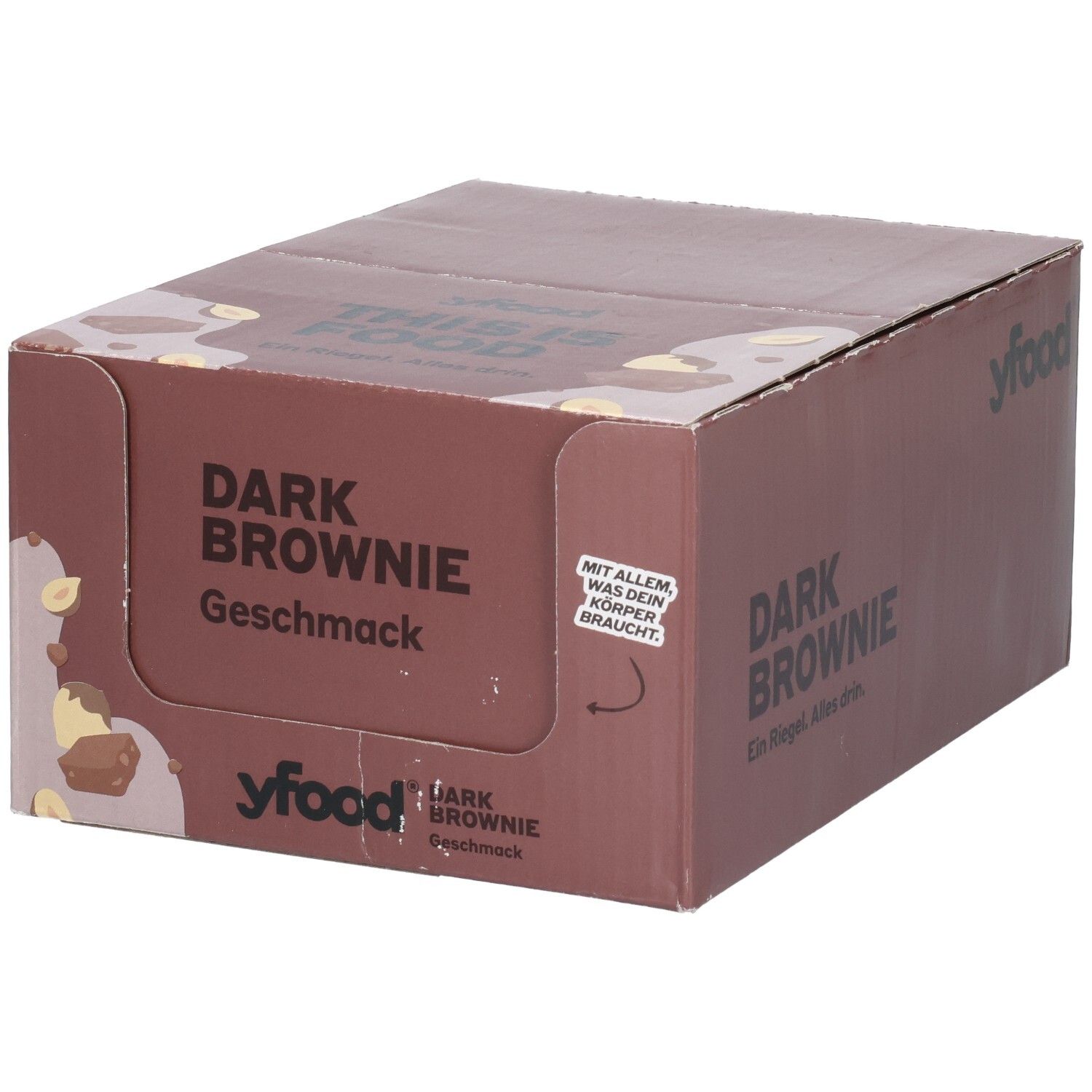 Yfood Dark Brownie Riegel-Box, Vorderseite mit Produktabbildung und Text.