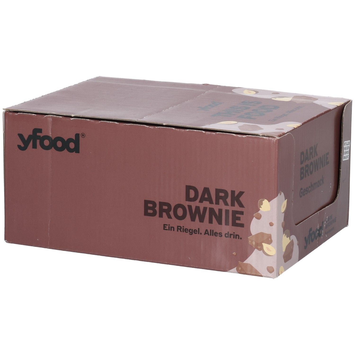 Yfood Dark Brownie Riegel-Box, Seitenansicht mit Logo und Geschmacksangabe.
