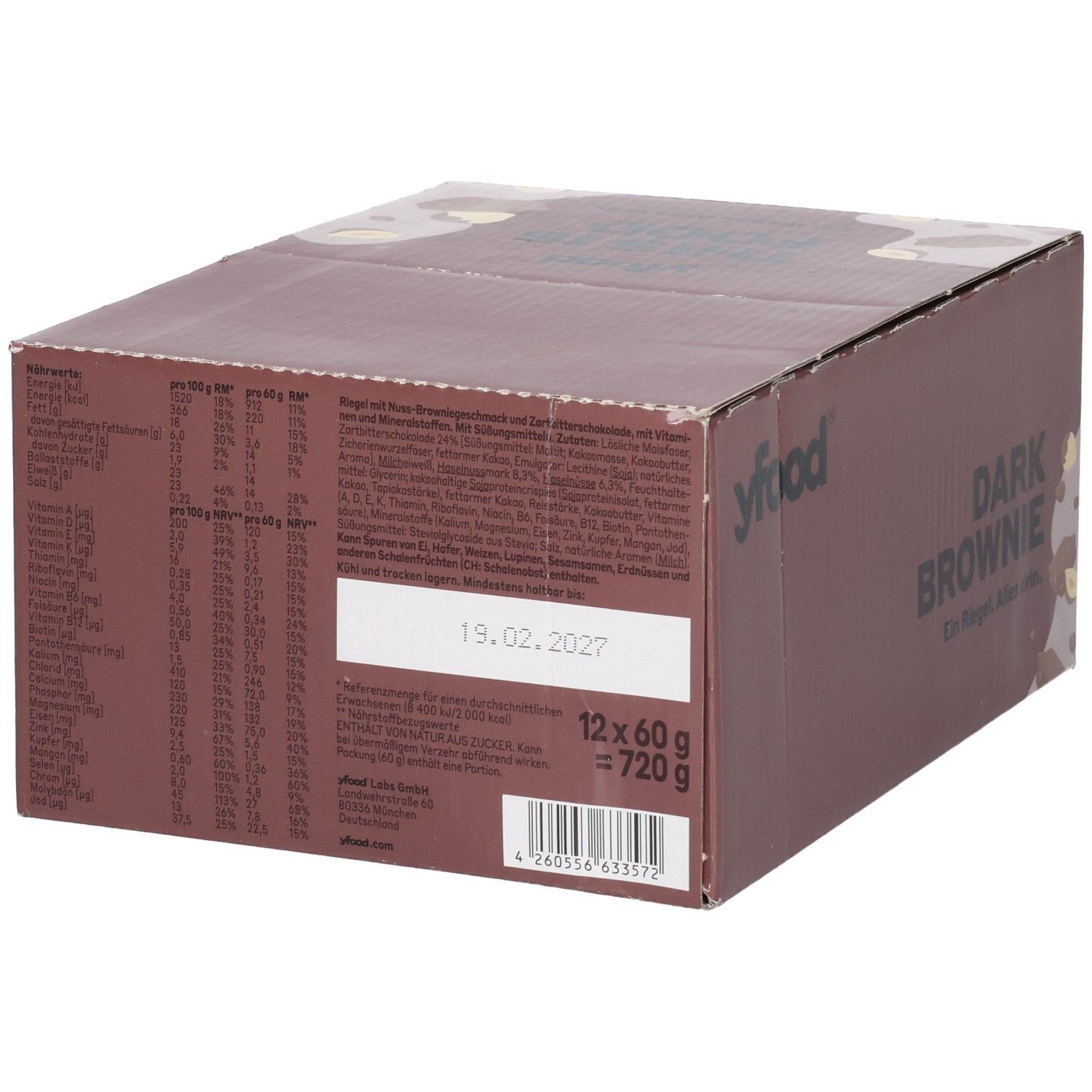 Yfood Dark Brownie Riegel-Box, Rückseite mit Nährwertangaben und Haltbarkeitsdatum.