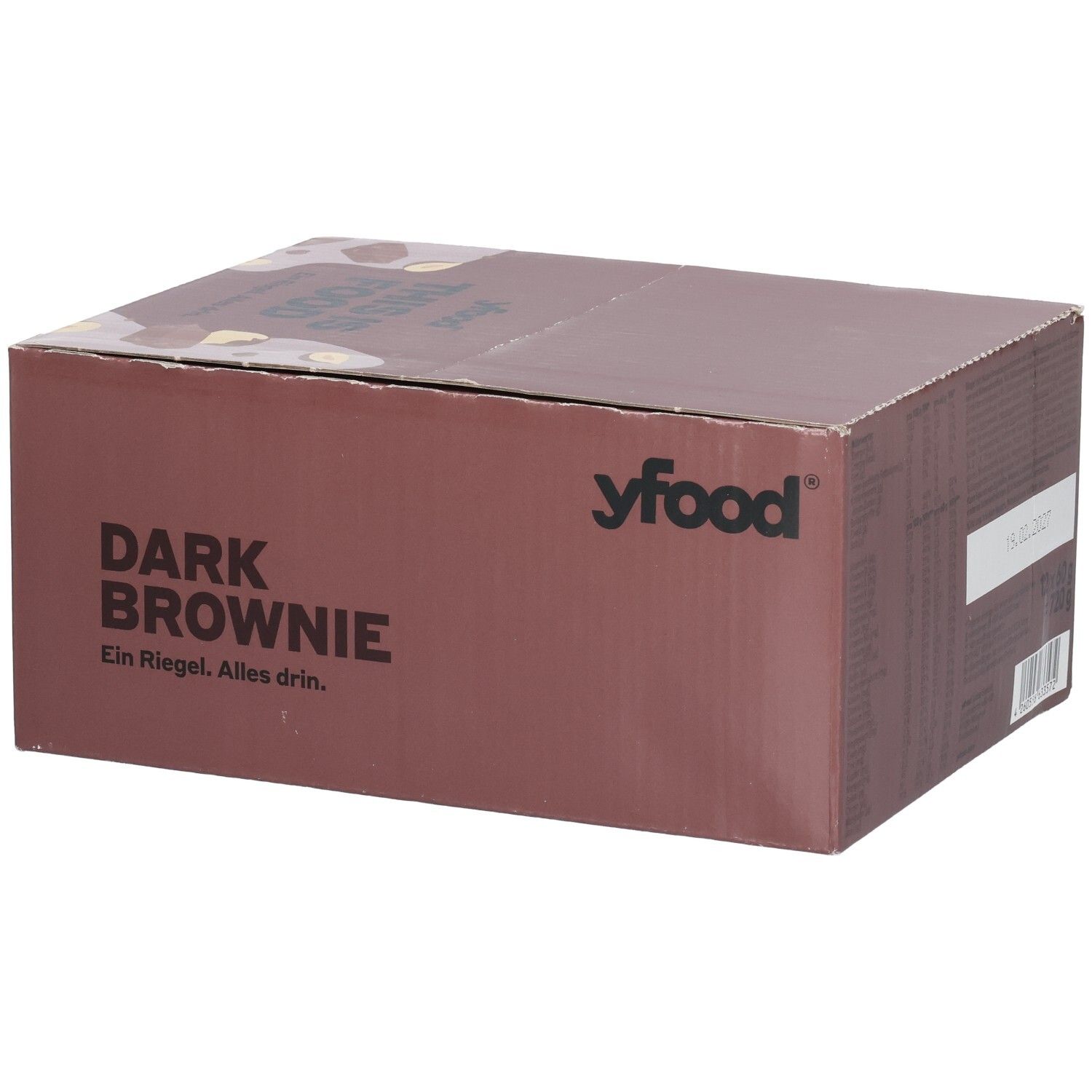 Yfood Dark Brownie Riegel-Box, schräge Ansicht von der Seite.