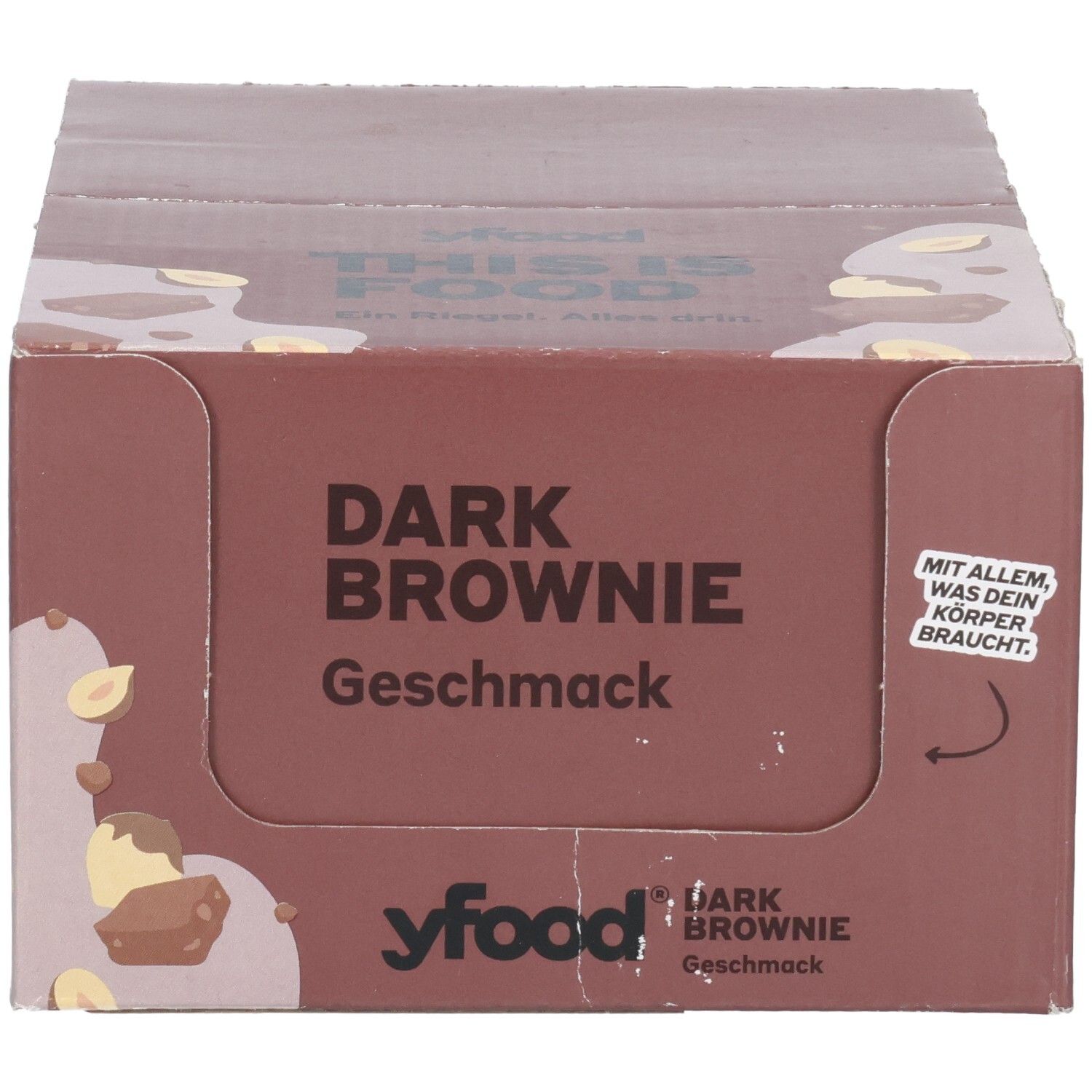 Yfood Dark Brownie Riegel-Box, Vorderseite mit Produktabbildung und Text.