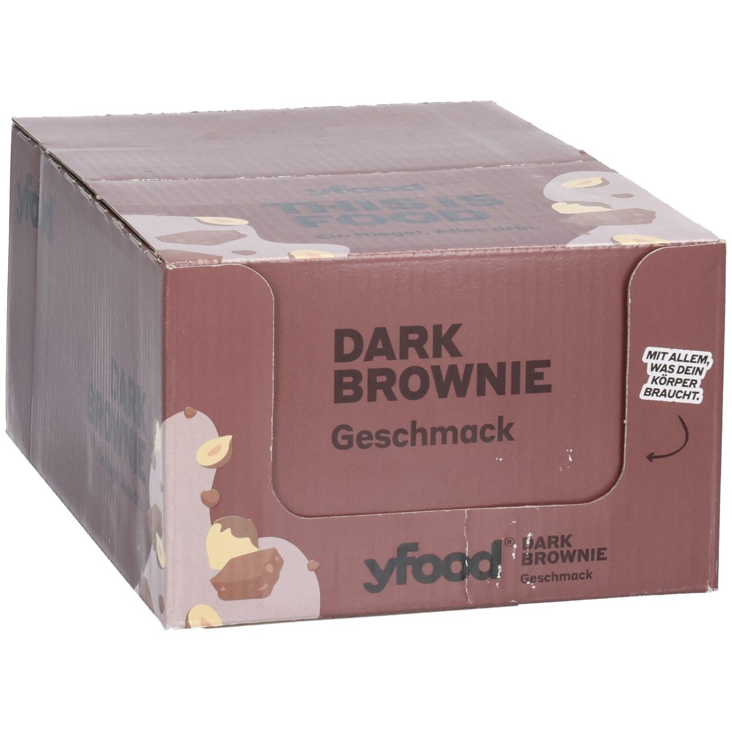 Yfood Dark Brownie Riegel-Box, Vorderseite mit Produktabbildung und Text.